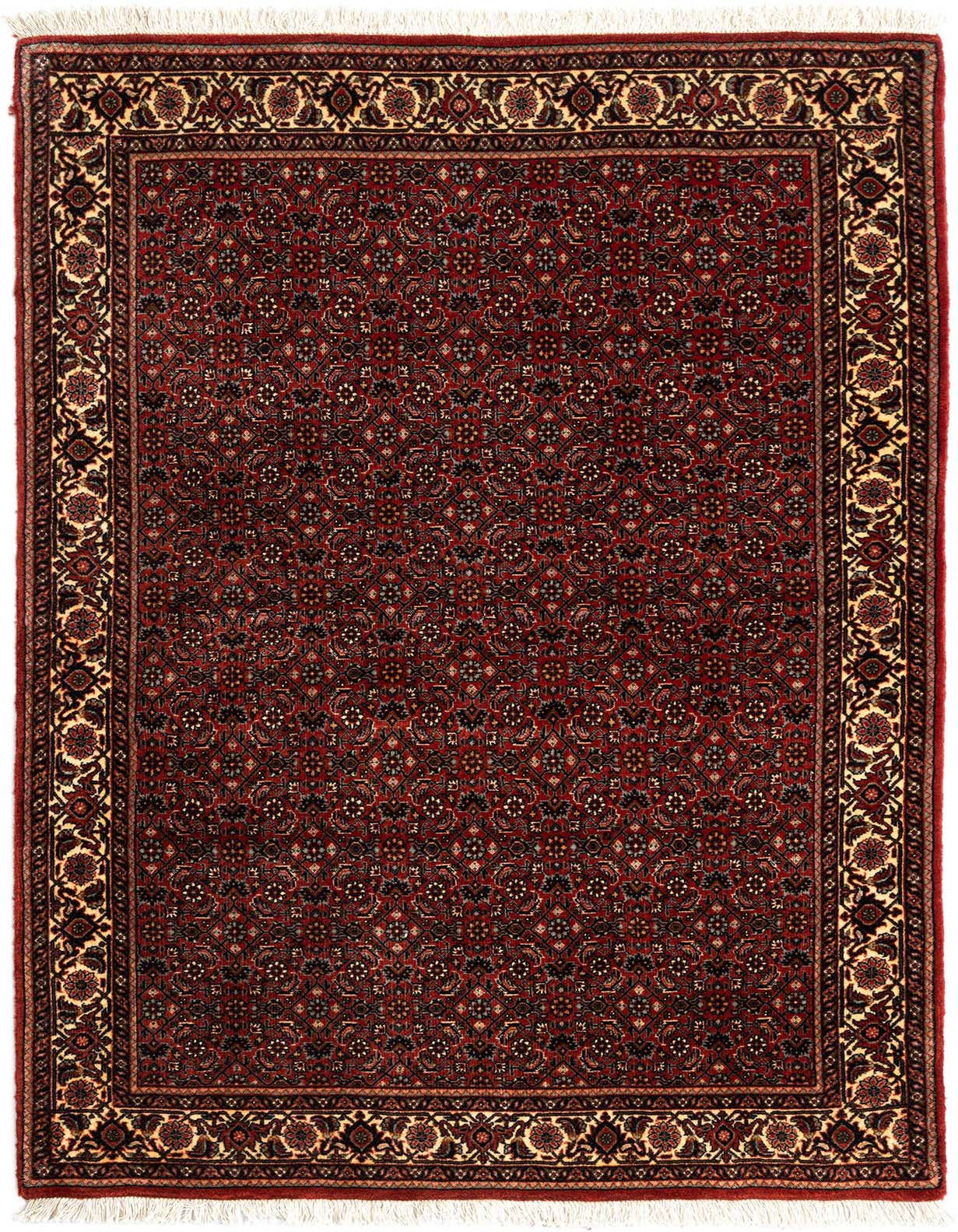 A 4x6 rectangular Bidjar Persian rug in deep reds with intricate floral and medallion patterns, framed by a cream and black border, suitable for various indoor rooms.