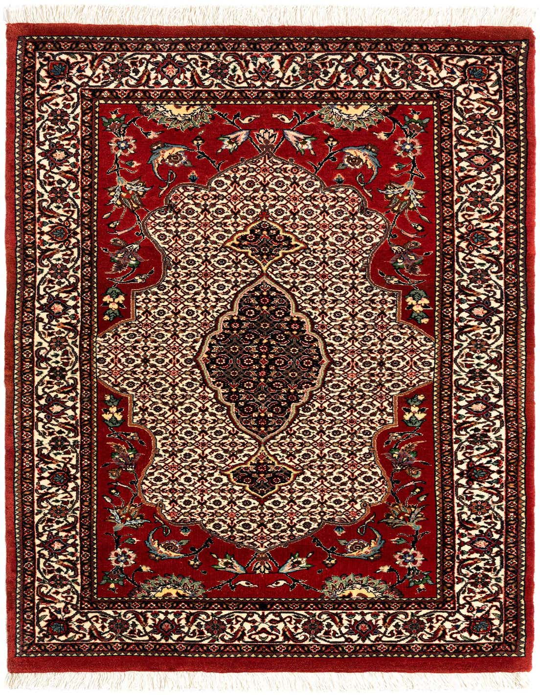 A 3x5 rectangular red Persian wool rug with an intricate floral medallion pattern and fringed ends, suitable for an entryway.