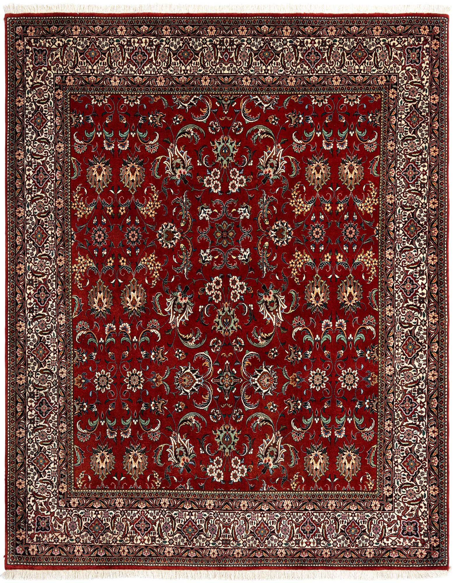A 6x9 rectangular red Persian rug with intricate floral patterns and a detailed border, perfect for a living room.