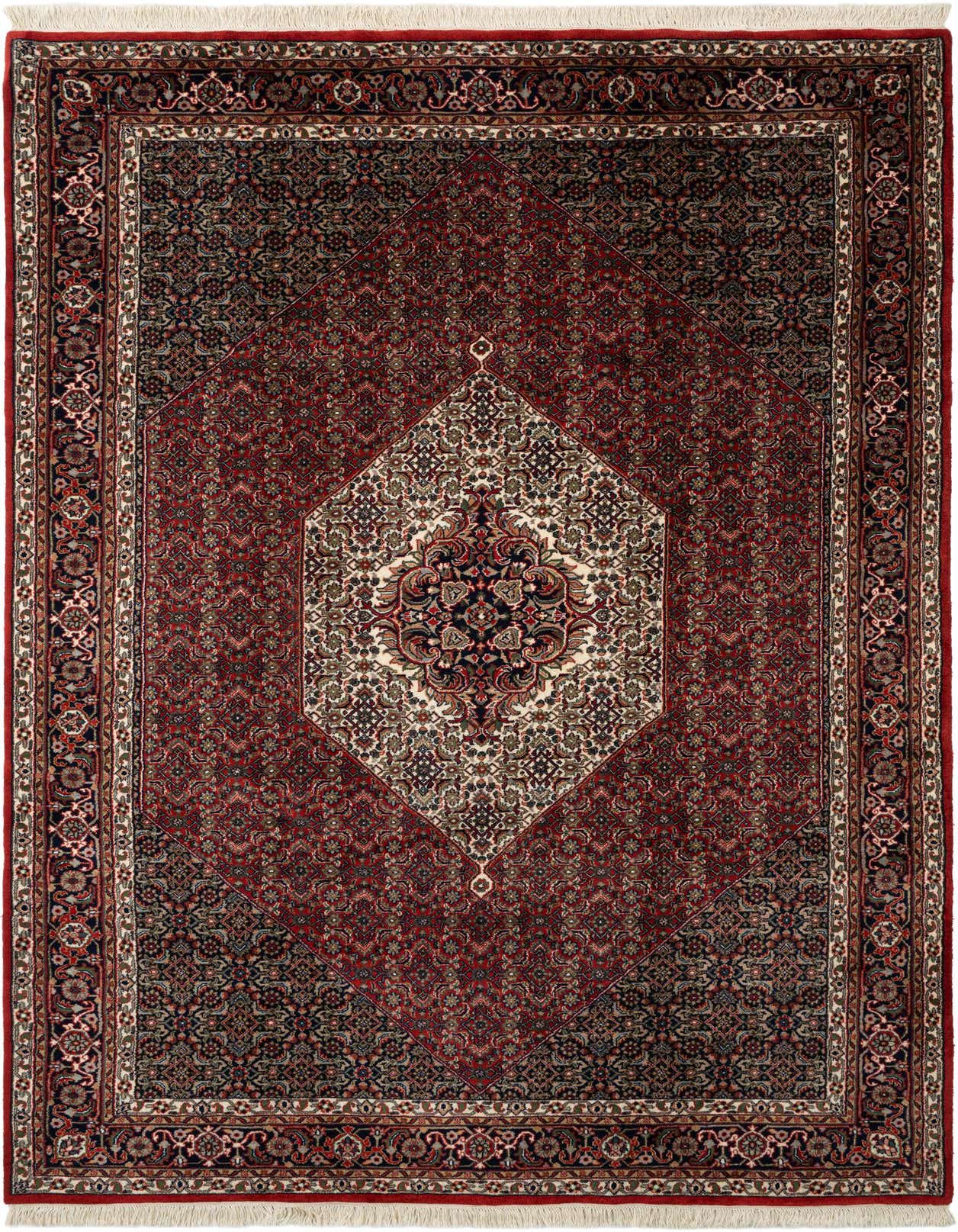 A 7x10 rectangular Bidjar rug featuring a traditional Oriental medallion pattern in rich reds, black, and cream, ideal for a living room.