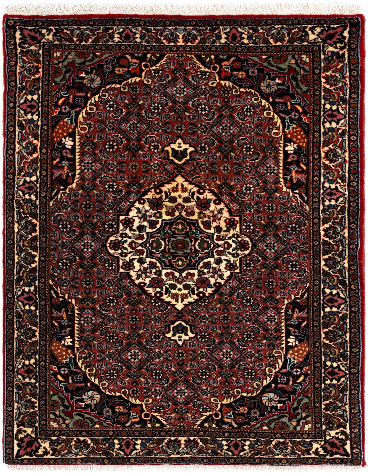 A 2x3 rectangular Bidjar wool rug featuring a rich red field with intricate traditional patterns and a central medallion.