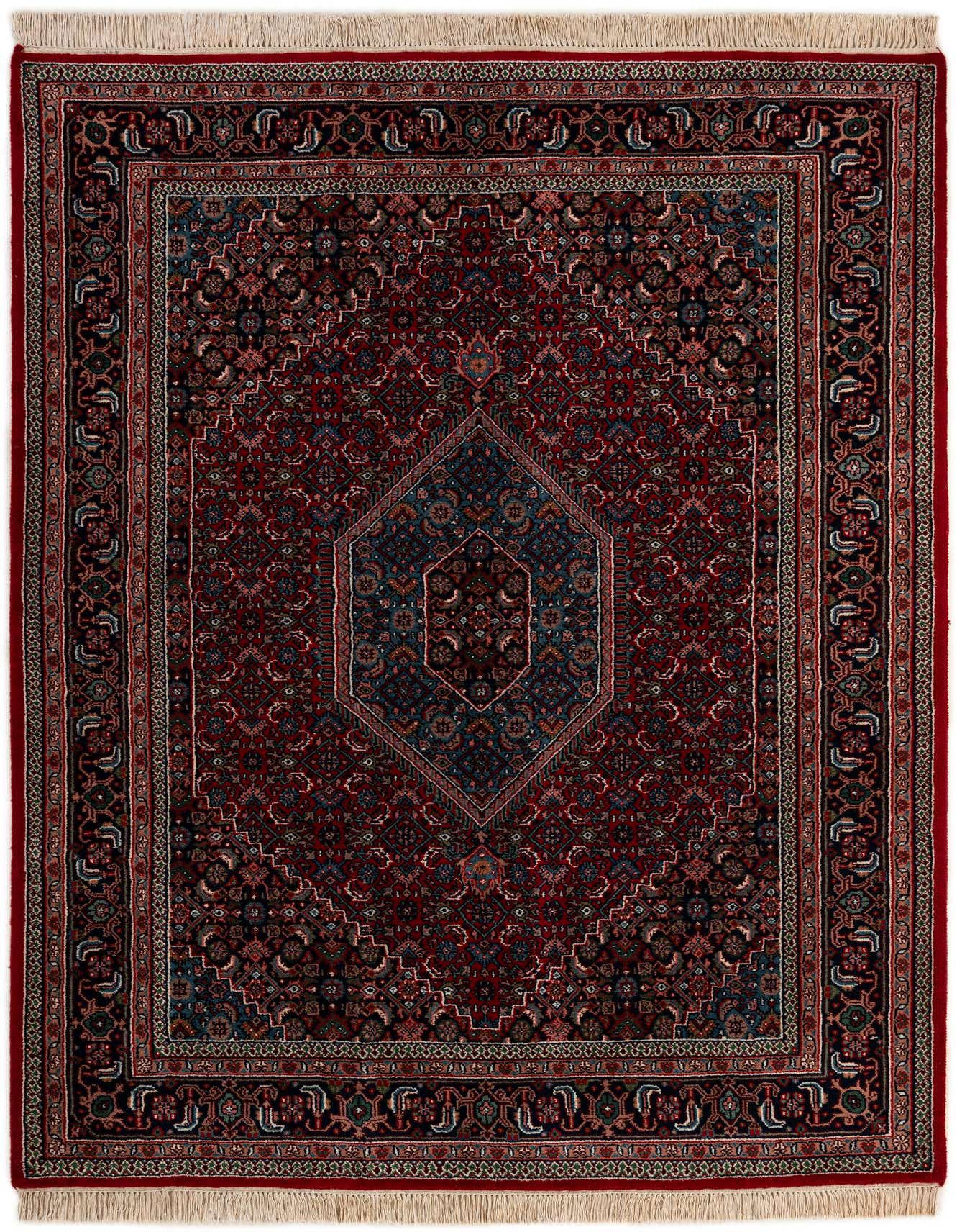 A 5x8 rectangular Bidjar rug featuring a rich red field with intricate traditional Oriental patterns and a central medallion in blues and blacks, finished with cream fringes.