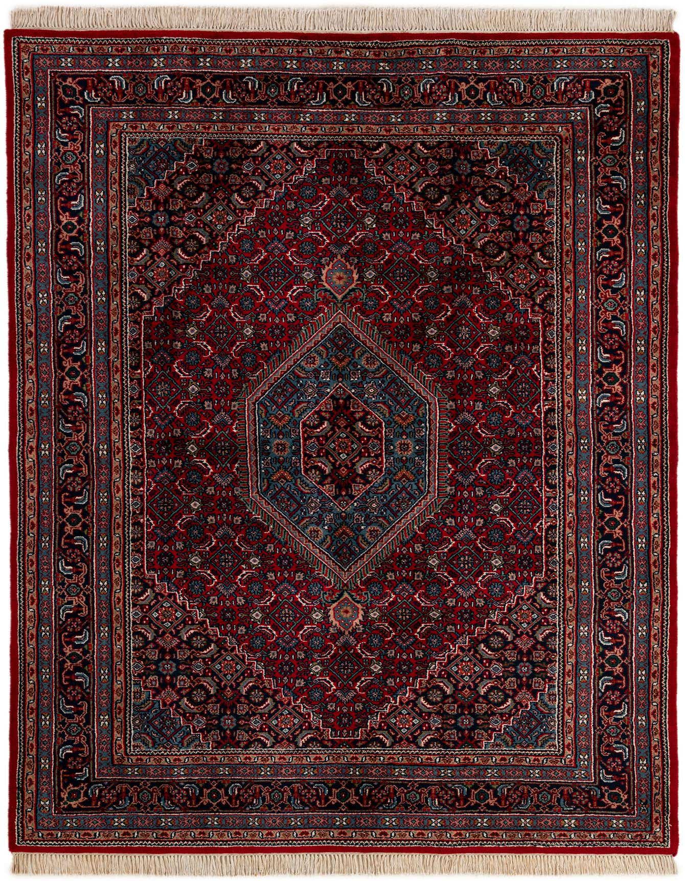 A 5x8 rectangular Bidjar rug featuring a traditional Oriental medallion pattern in rich reds and deep blues, with intricate details.