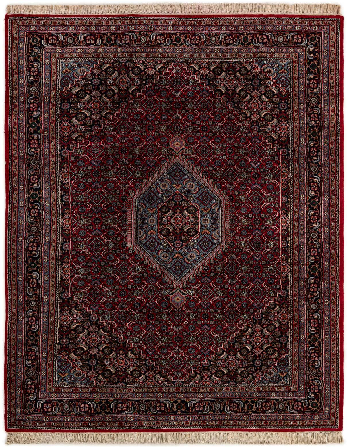 A 6x9 rectangular Bidjar rug in deep reds, featuring a traditional Oriental medallion pattern with intricate floral and geometric details, and fringed ends.