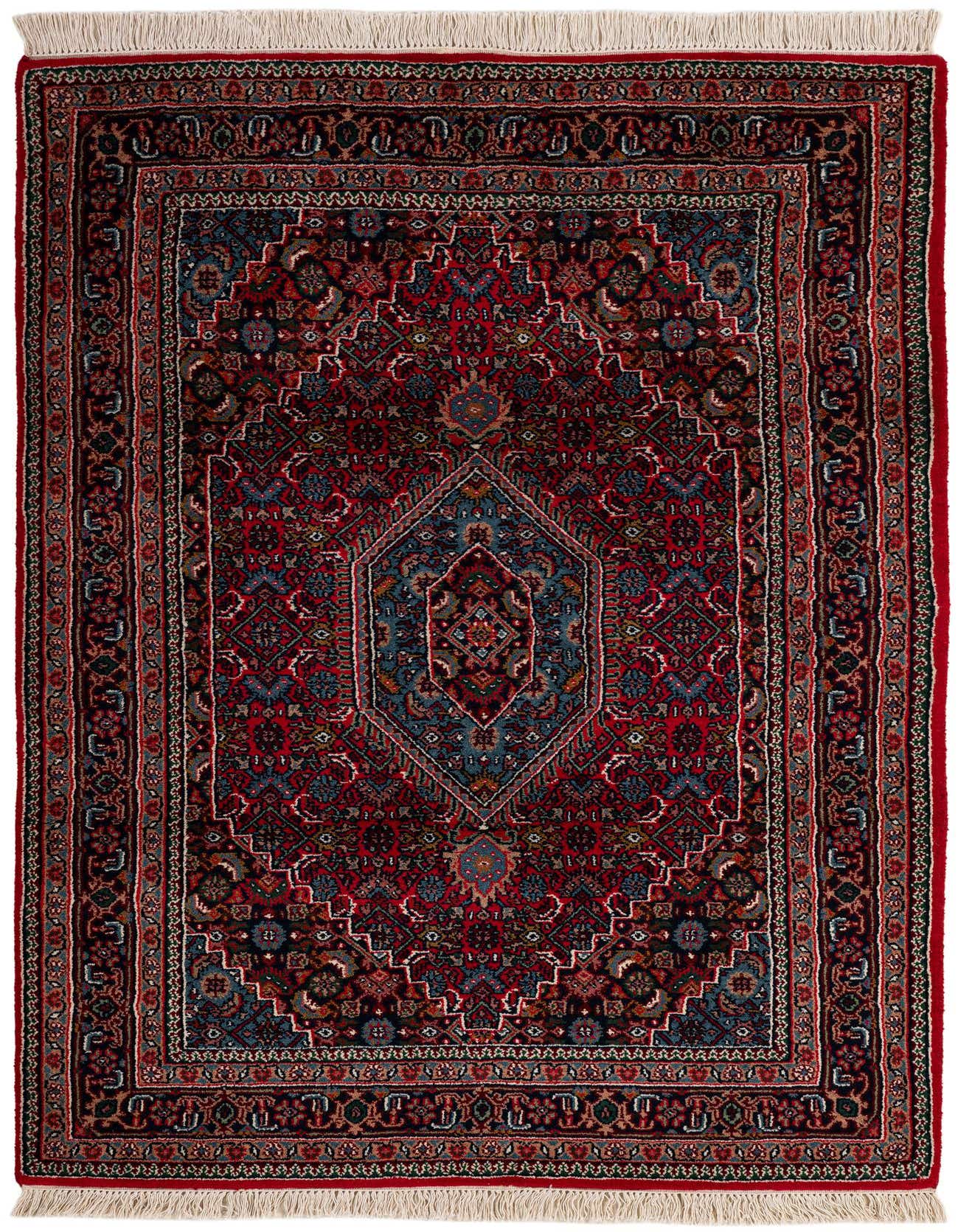 A 4x6 rectangular Bidjar wool rug featuring a rich red field with an intricate blue and red medallion, surrounded by traditional Oriental patterns and a detailed border.