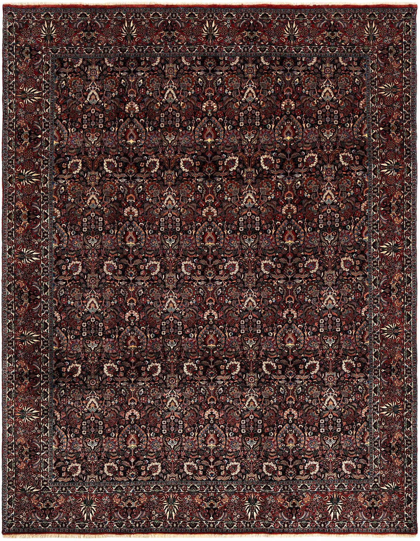A rectangular 8x11 handmade Persian rug with a rich red background and intricate floral and medallion patterns in various colors.