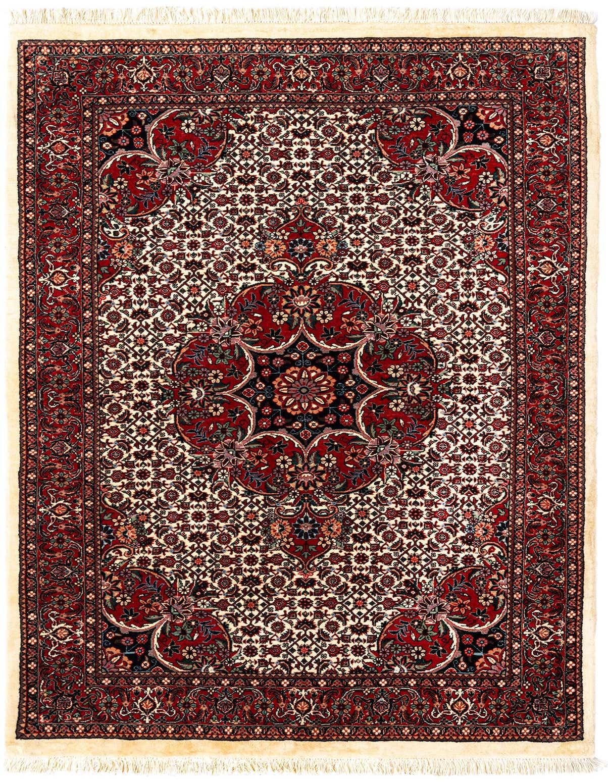 A 4x6 rectangular Bidjar With Silk rug featuring a traditional Persian pattern in reds, creams, and dark accents.
