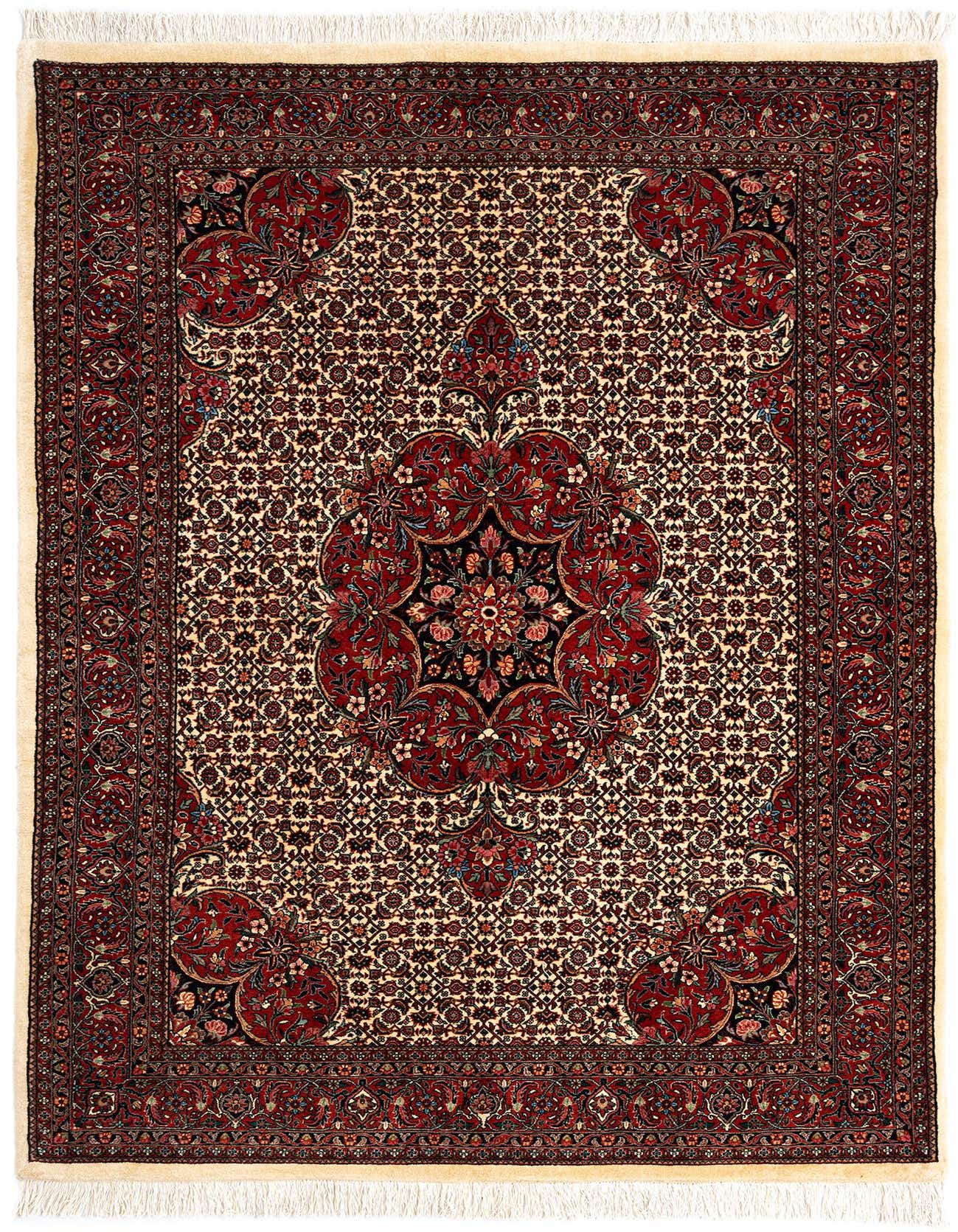 A rectangular 5x8 Persian rug with a cream field, a large red central medallion, and an ornate red border.