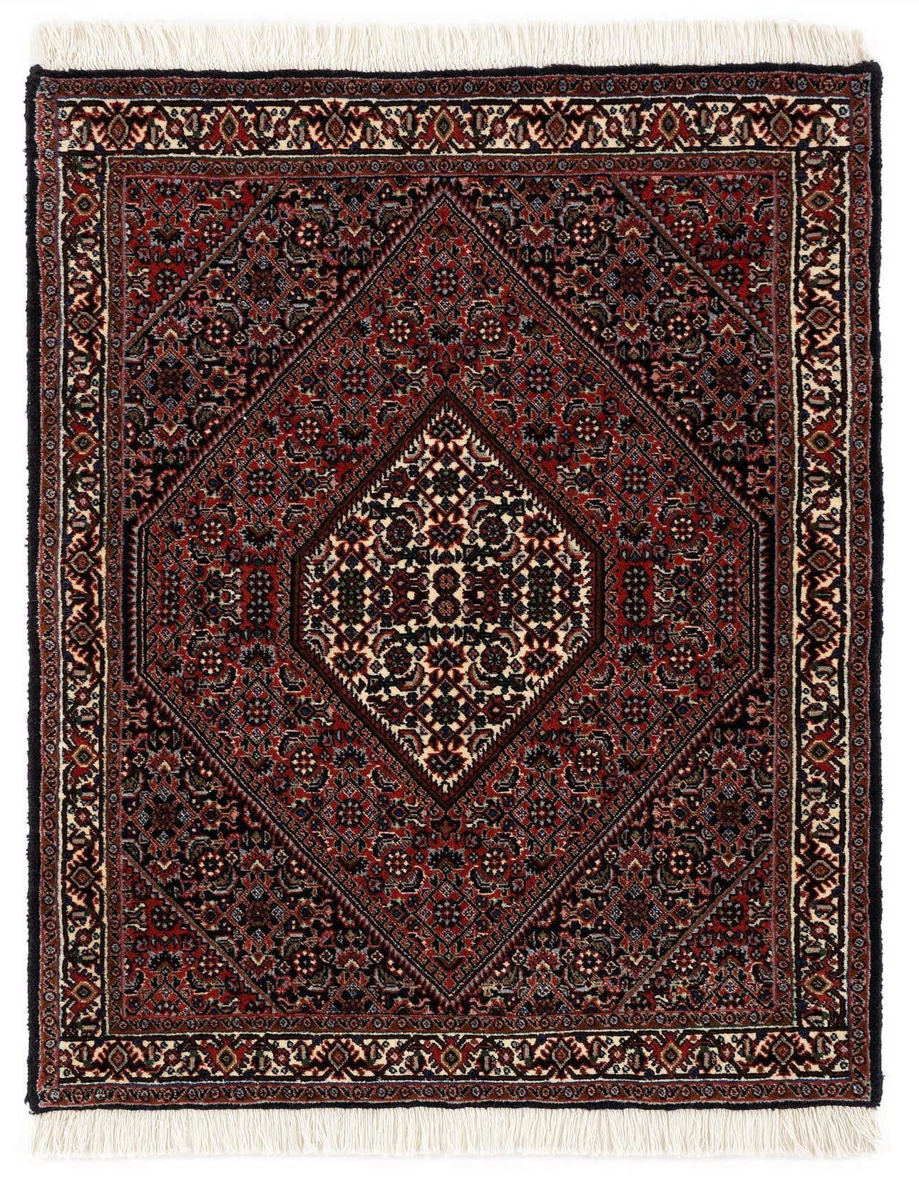 A 2x3 rectangular Bidjar With Silk rug featuring a rich red and black traditional pattern with a central diamond medallion and white fringes.