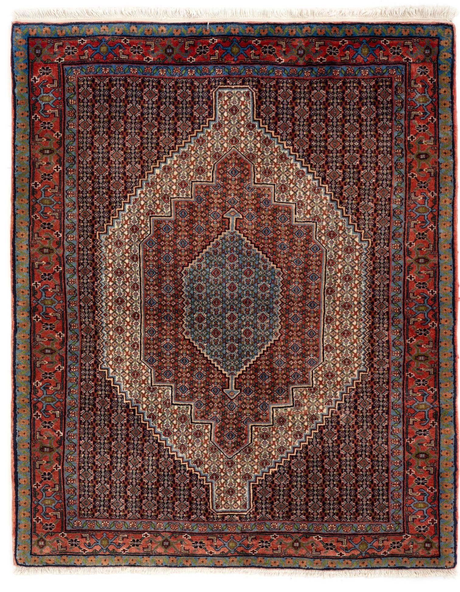 A 4x6 rectangular red Persian rug with an intricate central medallion design in shades of red, blue, and cream.