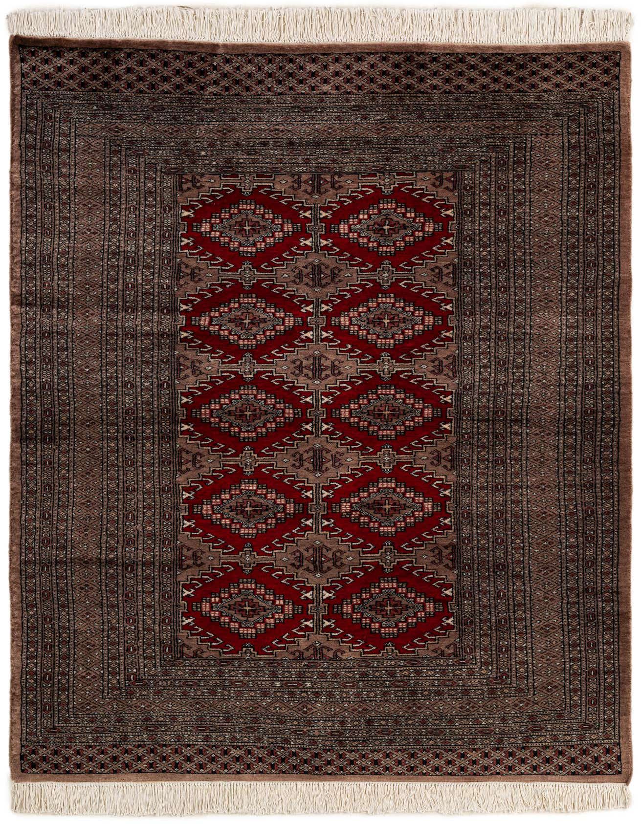 A 4x6 rectangular Bokhara rug featuring a central panel of red tribal medallions bordered by intricate brown and black patterns, with white fringe.