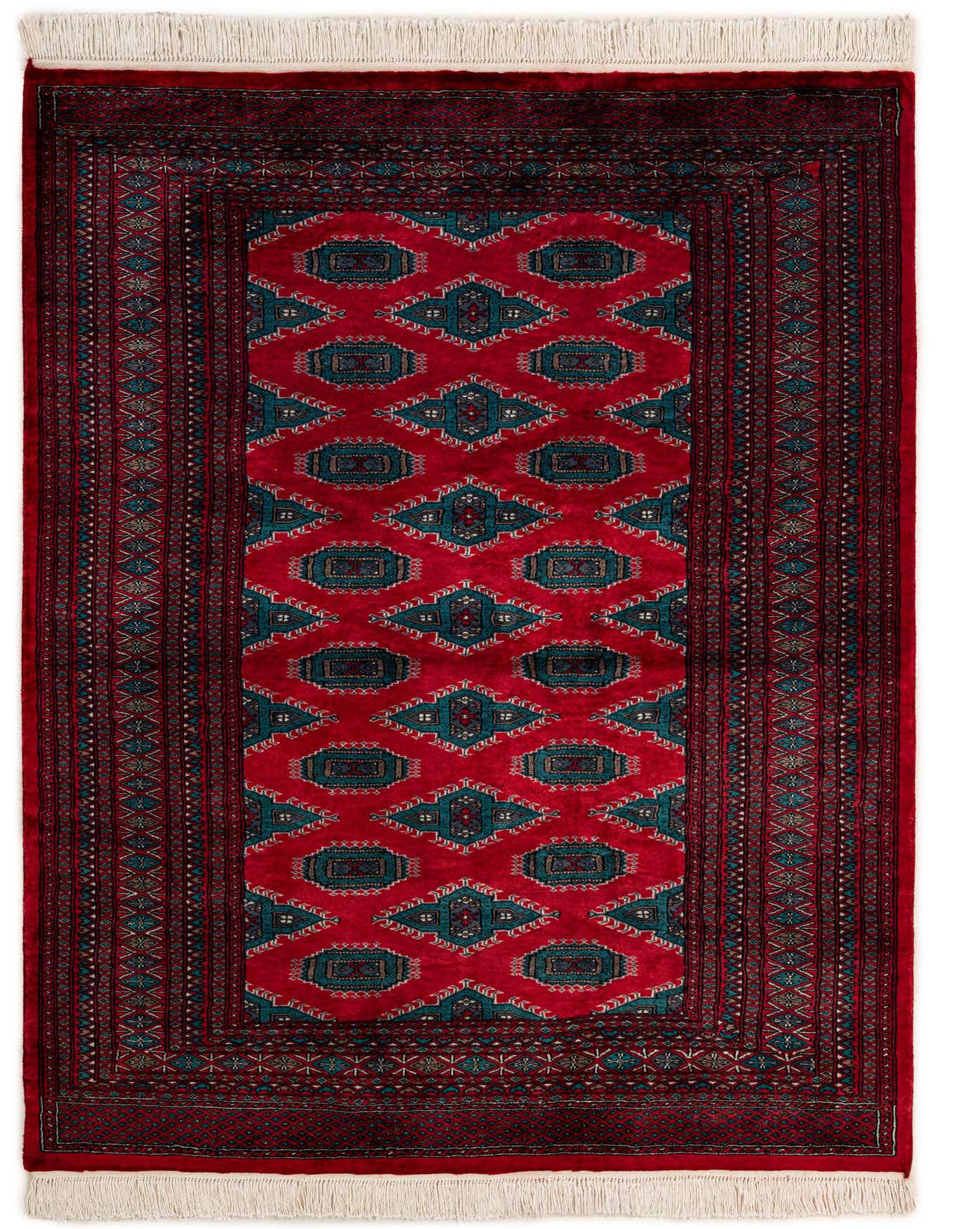 A 4x6 rectangular Bokhara rug featuring a vibrant red field with teal and blue tribal patterns, bordered by intricate traditional designs, and finished with white fringes.