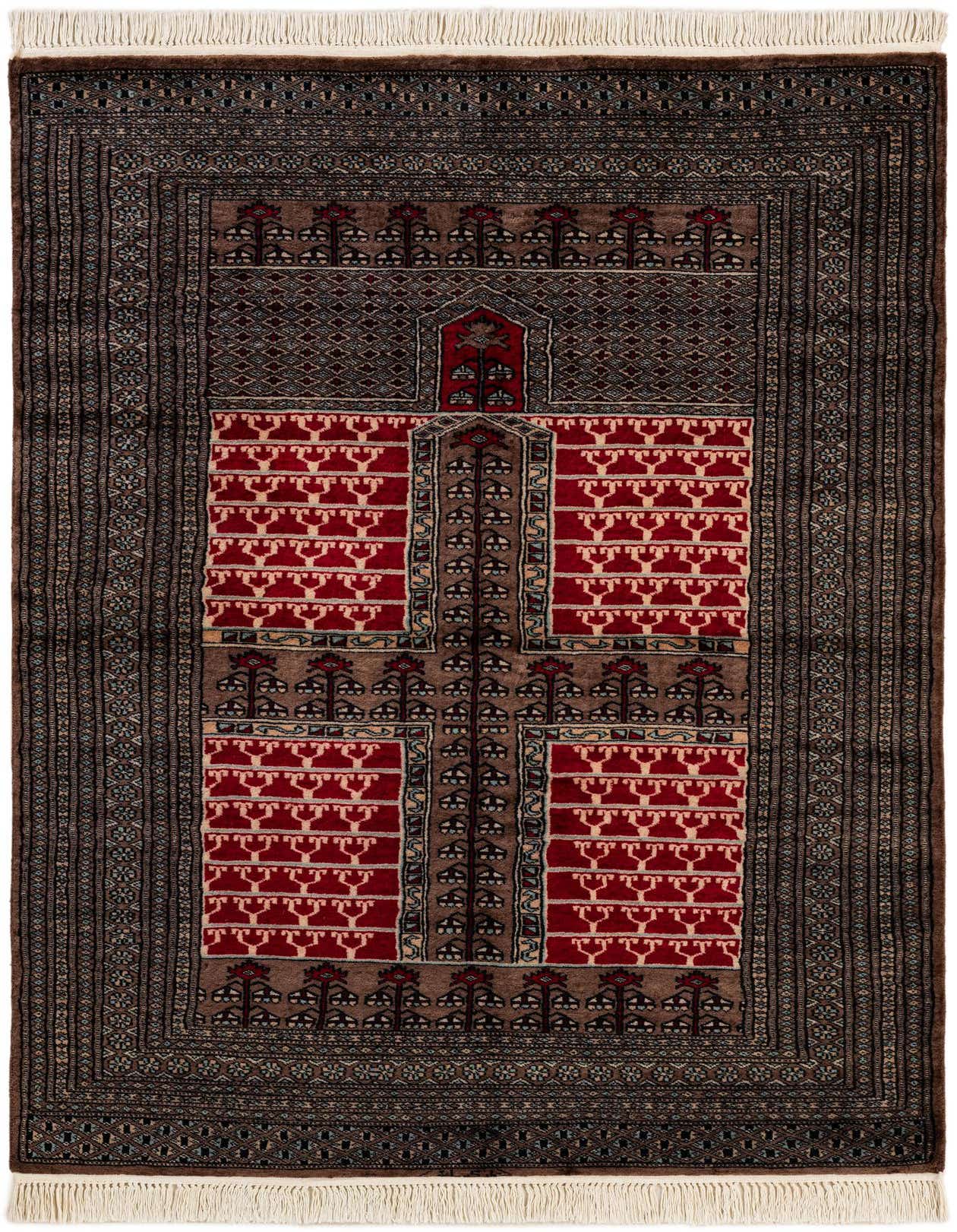 A 4x6 rectangular Bokhara tribal rug featuring a rich red and brown pattern with intricate geometric and floral motifs, handmade from wool.