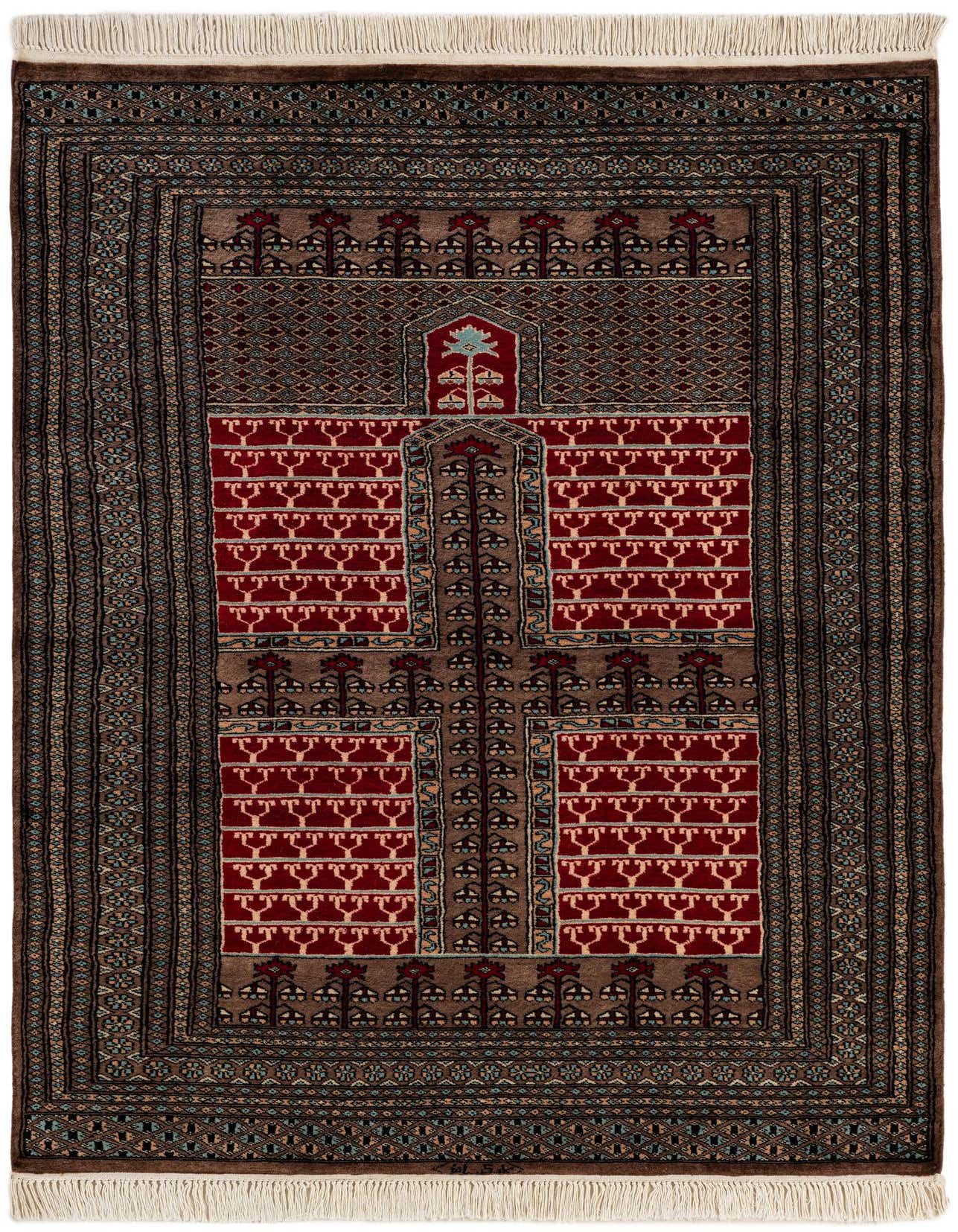 A 4x6 rectangular Bokhara wool rug with a traditional tribal pattern in deep reds, browns, and hints of blue, featuring a central medallion and intricate borders.