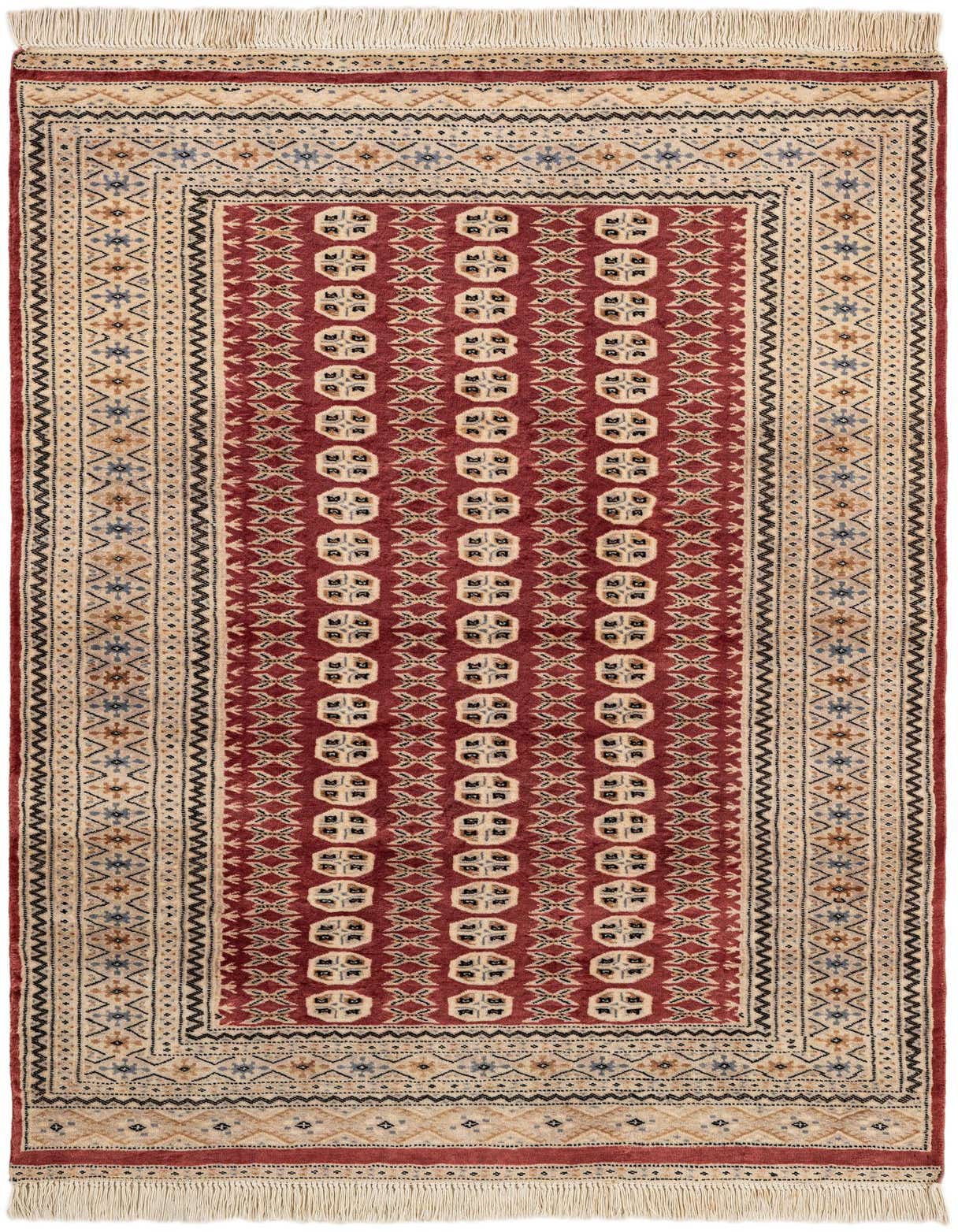 A 4x6 rectangular red Bokhara rug with a central tribal pattern and intricate borders, handmade from wool.