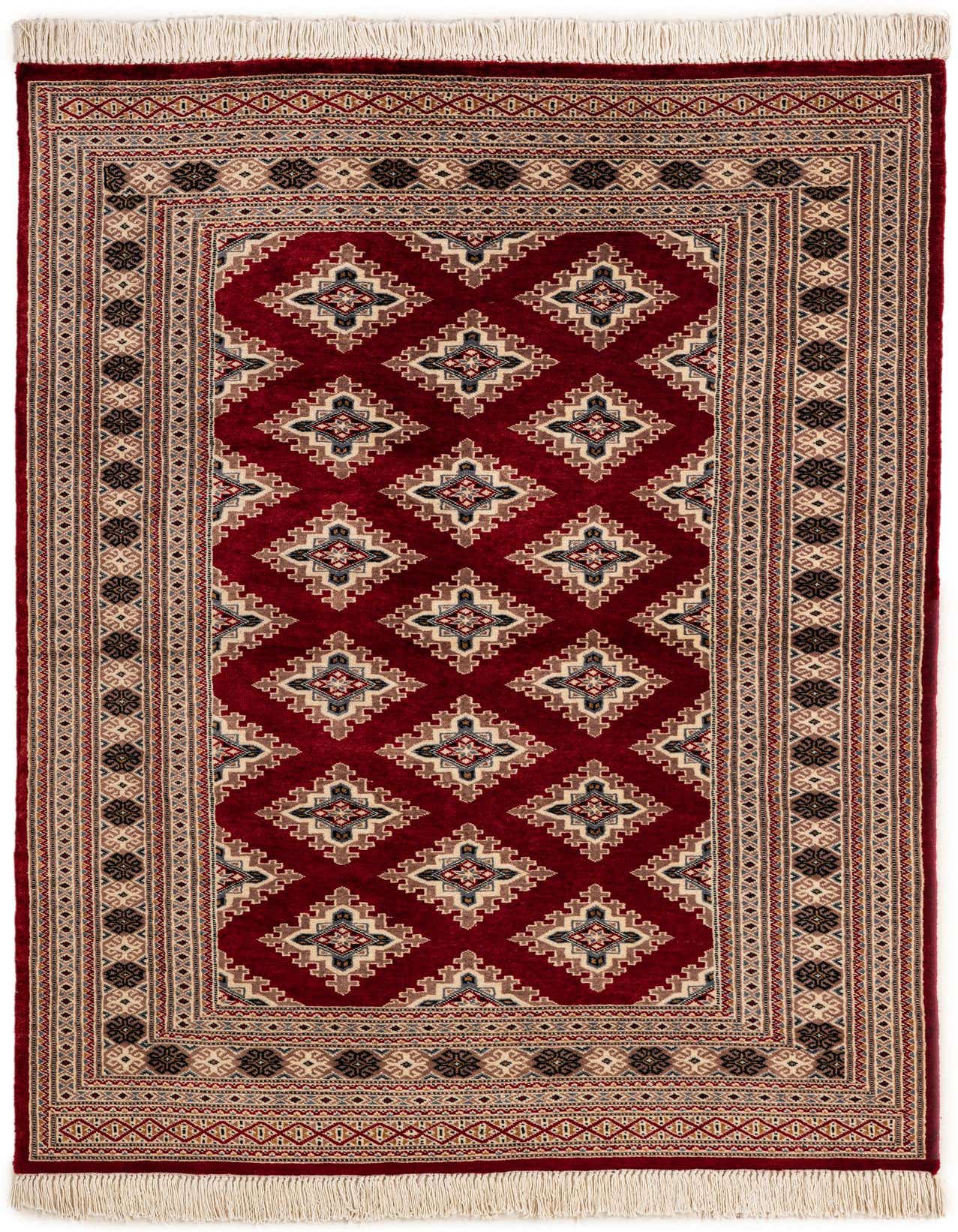 A 4x6 rectangular Bokhara rug in deep red with a traditional tribal pattern and fringed ends.