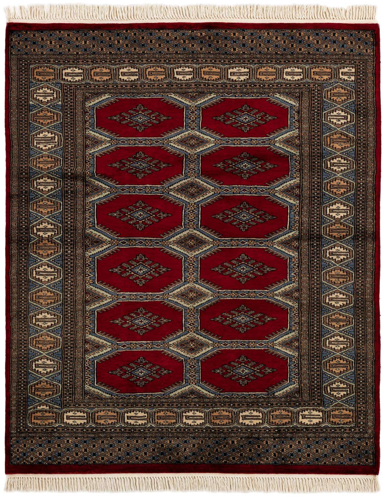A 4x6 rectangular Bokhara rug with a deep red field and intricate tribal patterns in blue, beige, and black, featuring a detailed border.
