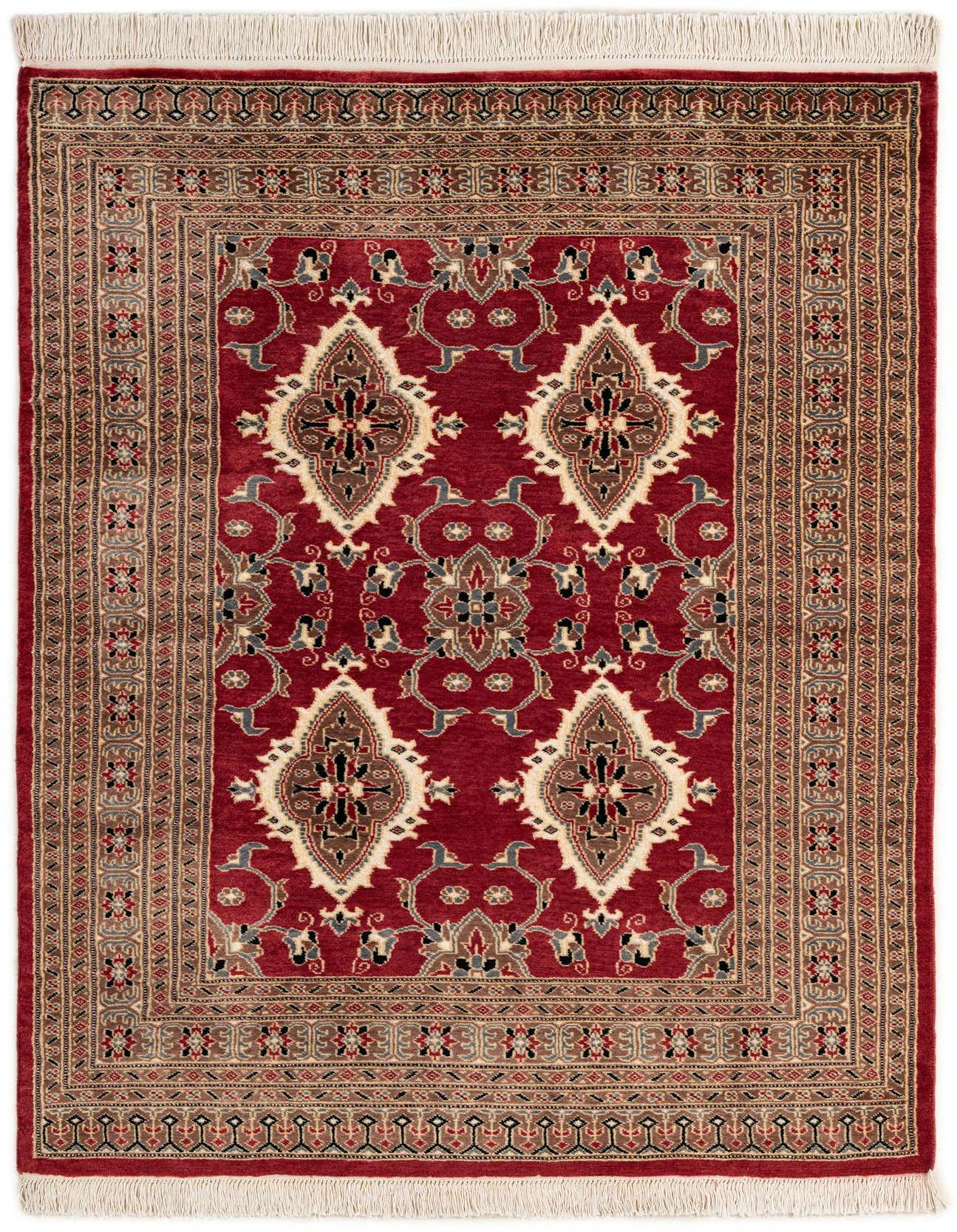 A 4x6 rectangular red Bokhara rug with a traditional tribal medallion pattern in cream, black, and blue, featuring intricate borders and white fringe.