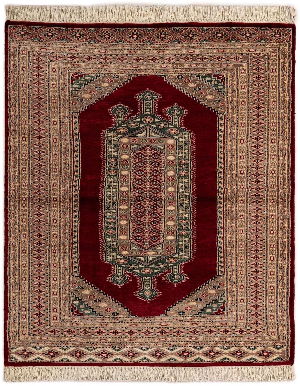 A 4x6 rectangular red Bokhara rug with a central medallion, tribal patterns, and ivory fringe, ideal for a living room.