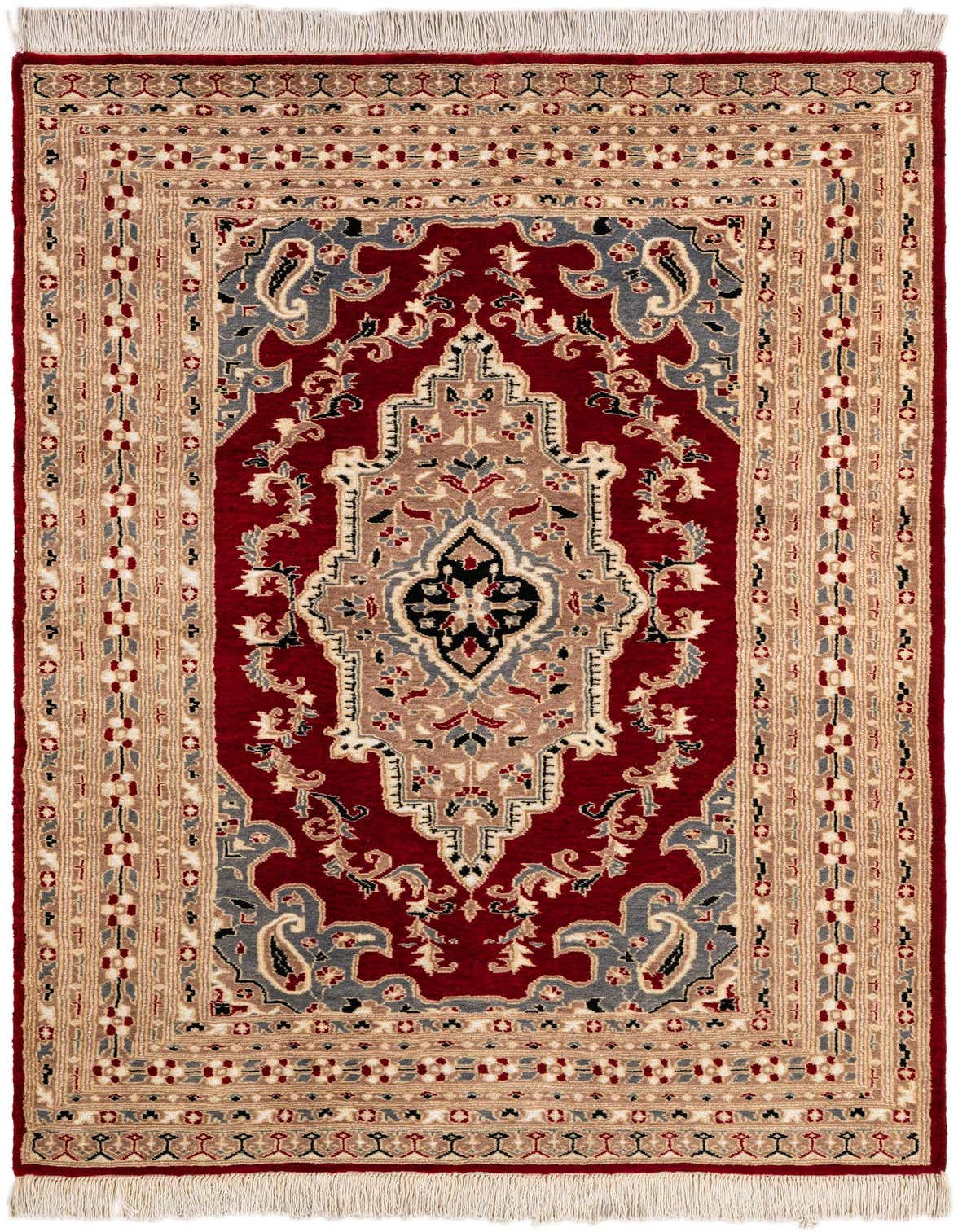 A 4x6 rectangular Bokhara rug with a traditional medallion pattern in deep red, beige, and gray, featuring intricate tribal motifs and white fringe.