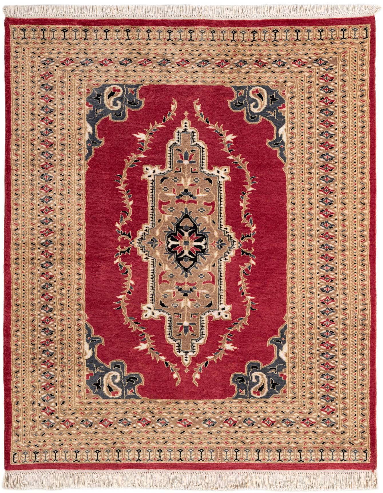 A 4x6 rectangular Bokhara rug with a deep red field and a central medallion in beige, black, and grey, surrounded by intricate tribal patterns and a detailed border.