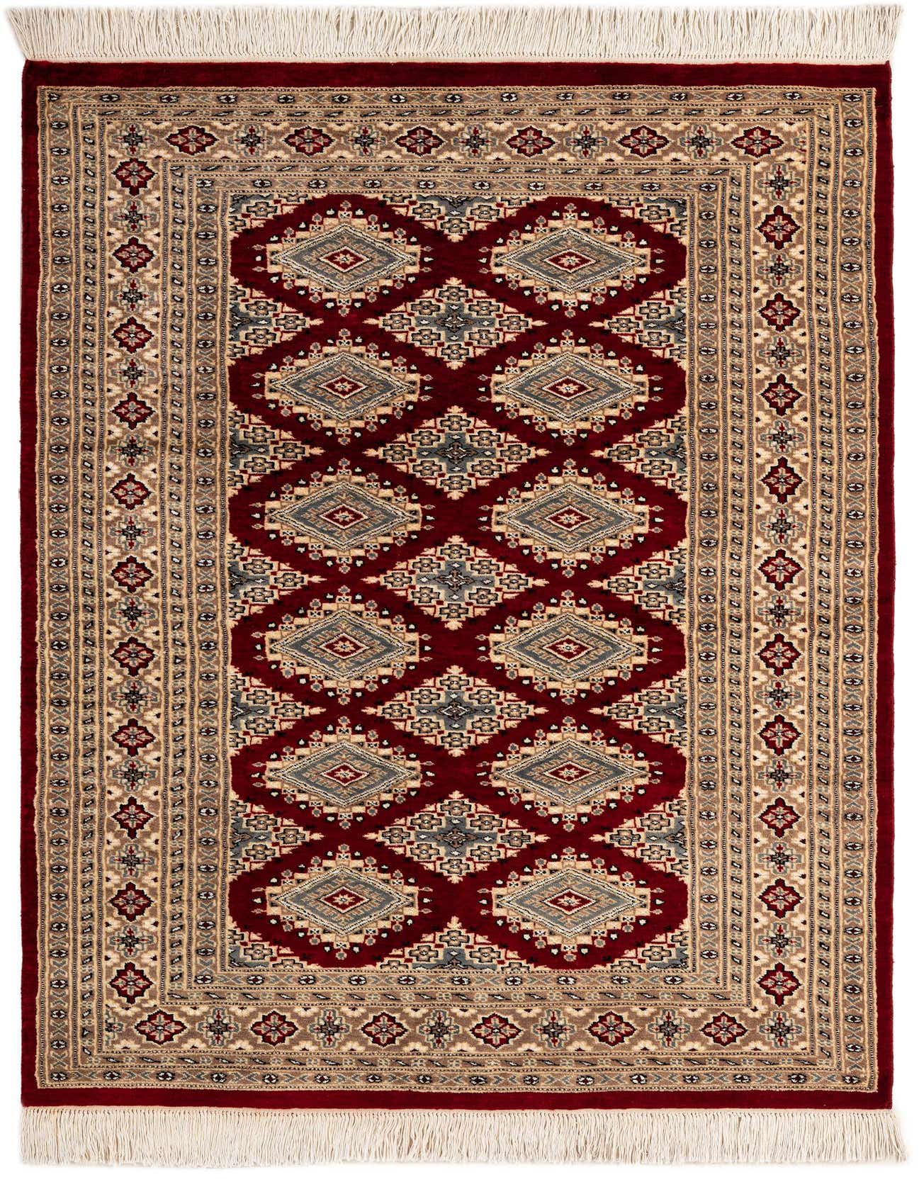 A 4x6 rectangular Bokhara rug with a deep red field and intricate tribal patterns in cream, blue, and brown, featuring a decorative border and white fringes.