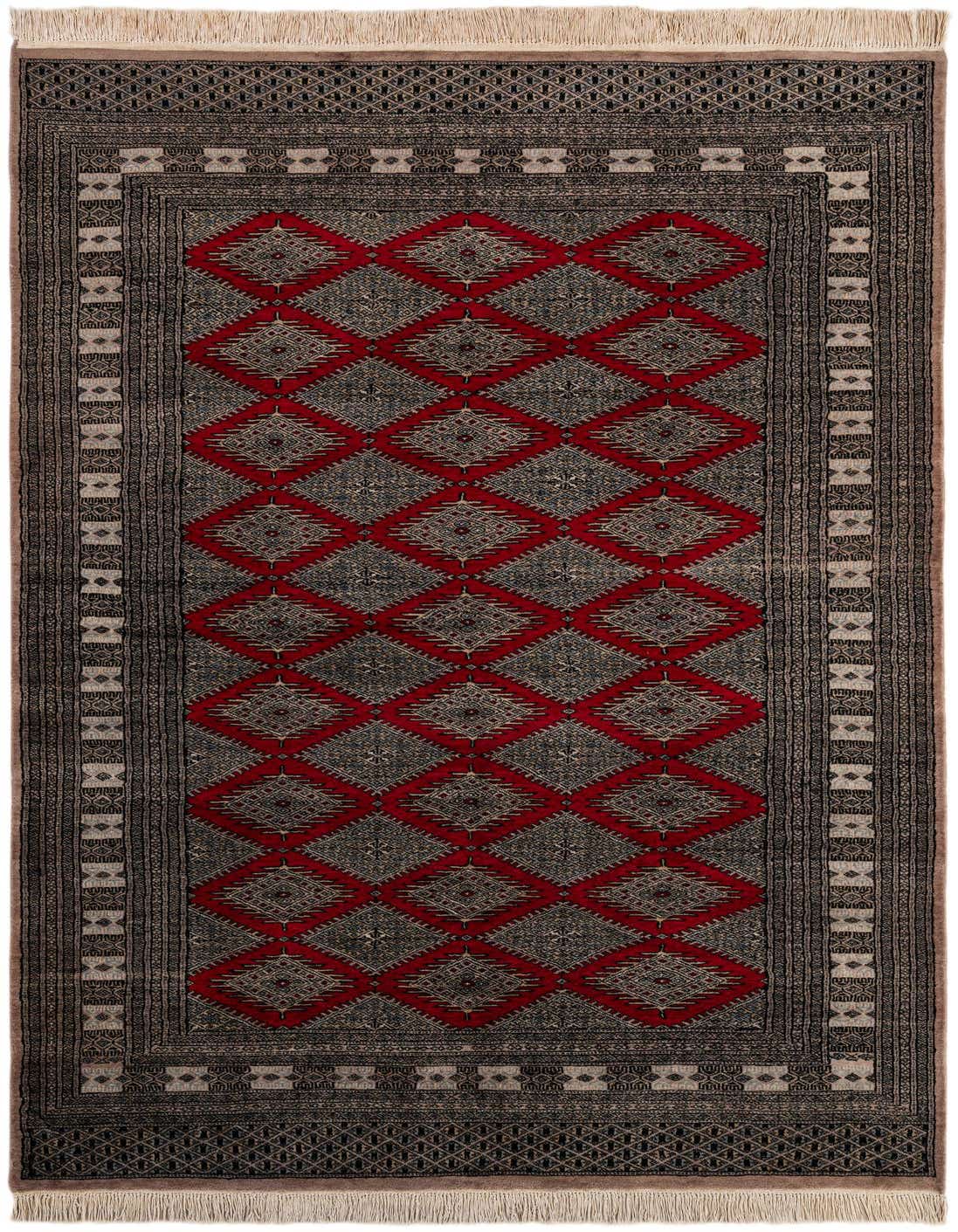 A 5x8 rectangular Bokhara rug featuring a traditional tribal pattern of red diamonds on a dark grey background, with a multi-layered border and fringe.