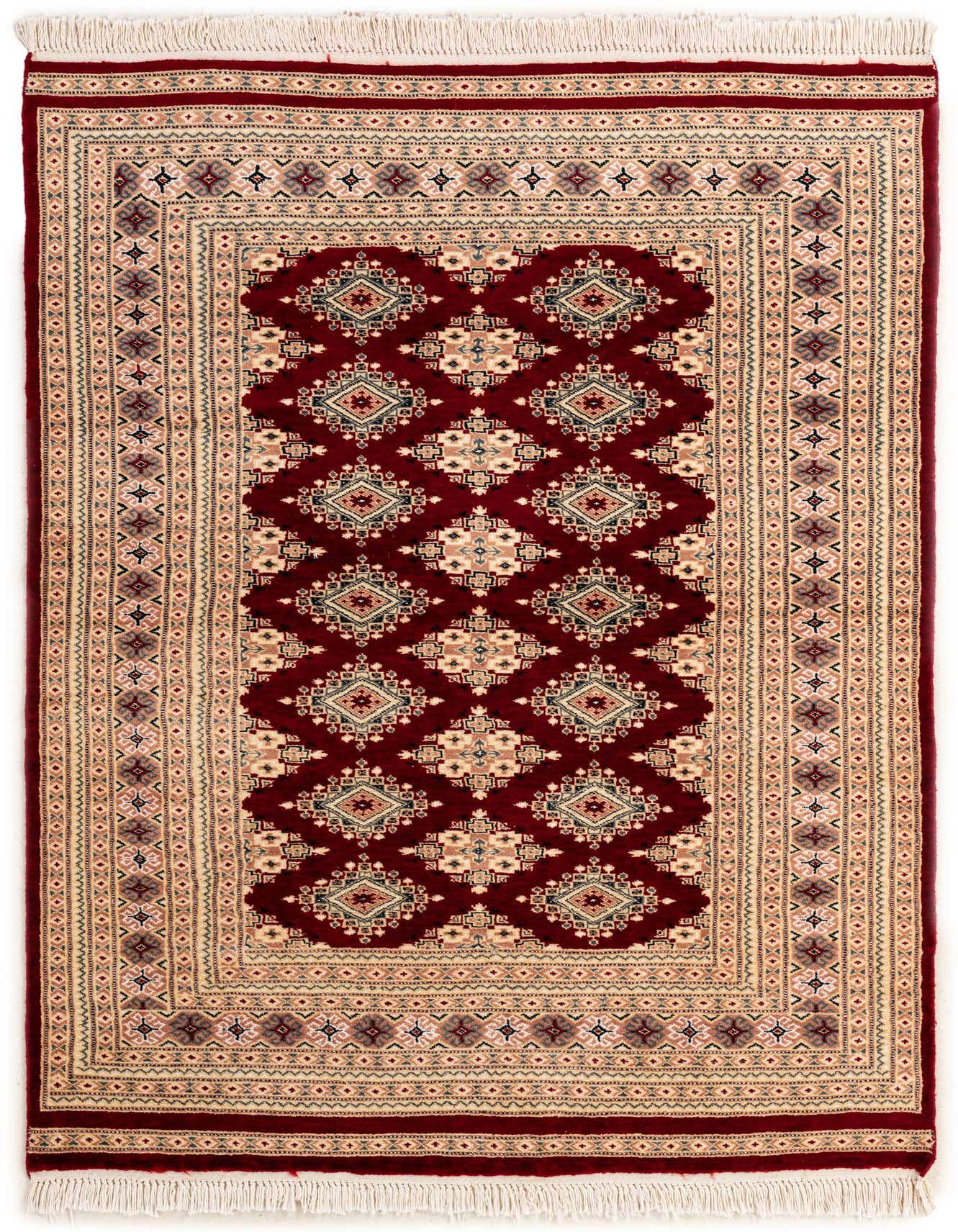 A 4x6 rectangular Bokhara rug featuring a deep red field with intricate tribal patterns and a multi-bordered design.