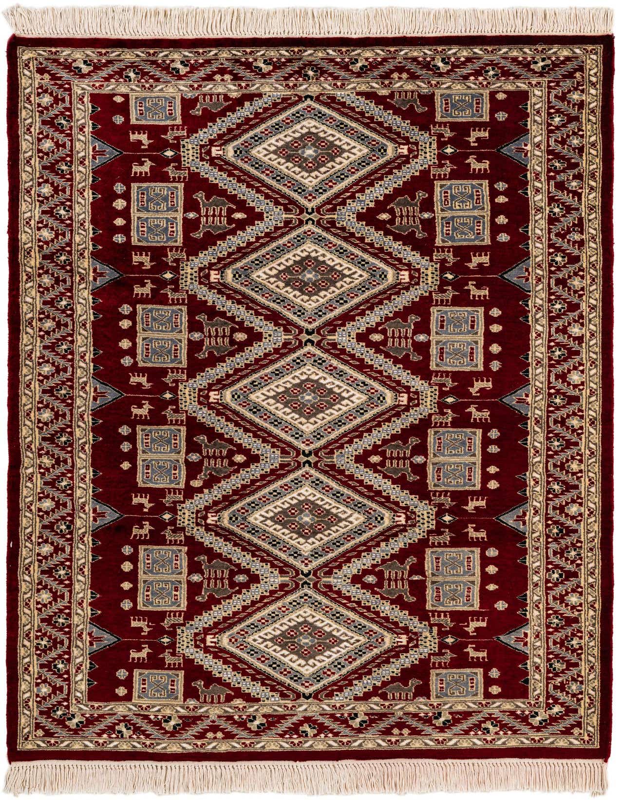 A 4x6 rectangular red Bokhara rug with a traditional tribal pattern, featuring diamond medallions and animal motifs.