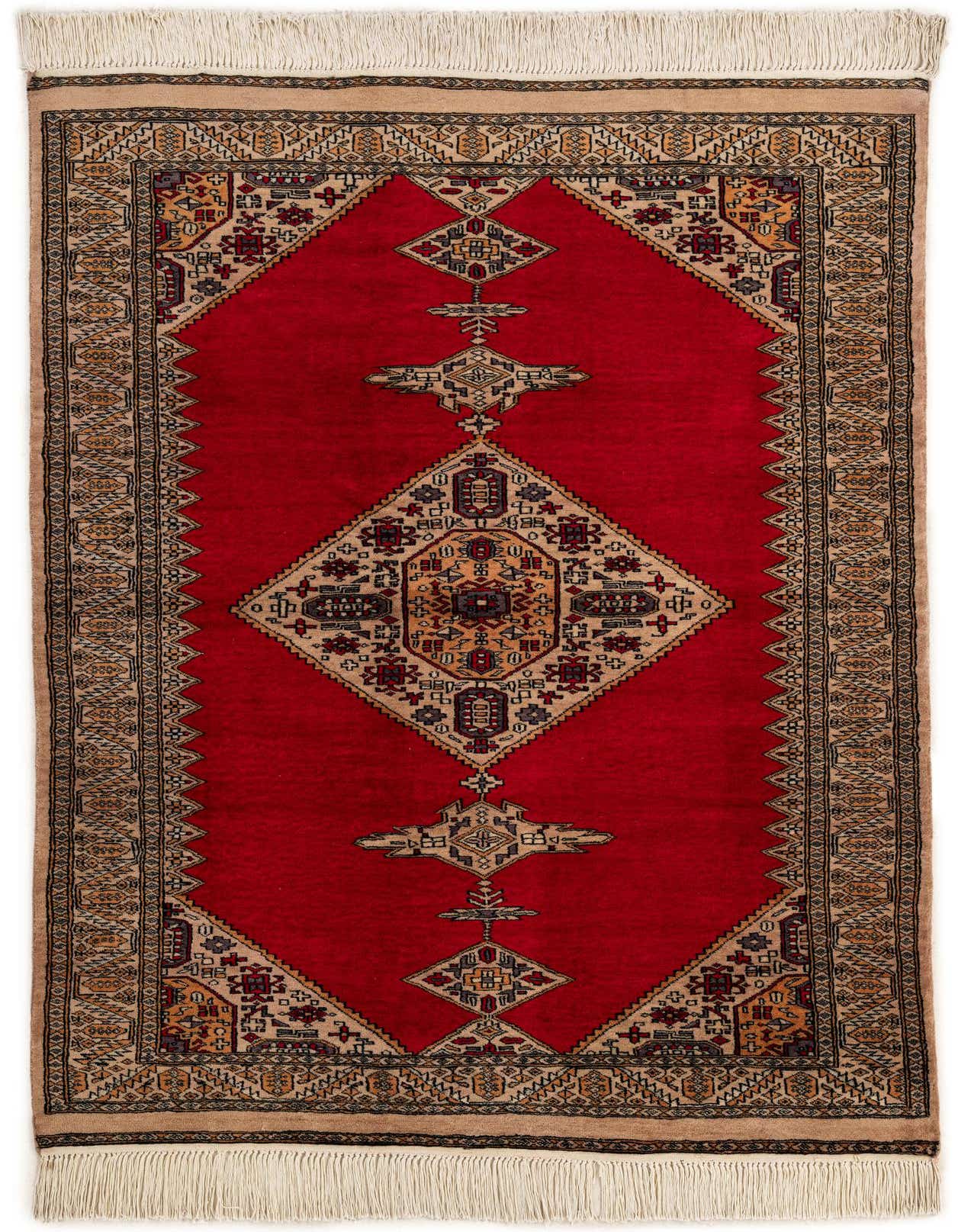 A 4x6 rectangular red wool rug with a traditional tribal medallion pattern and beige border, featuring intricate details and fringe.