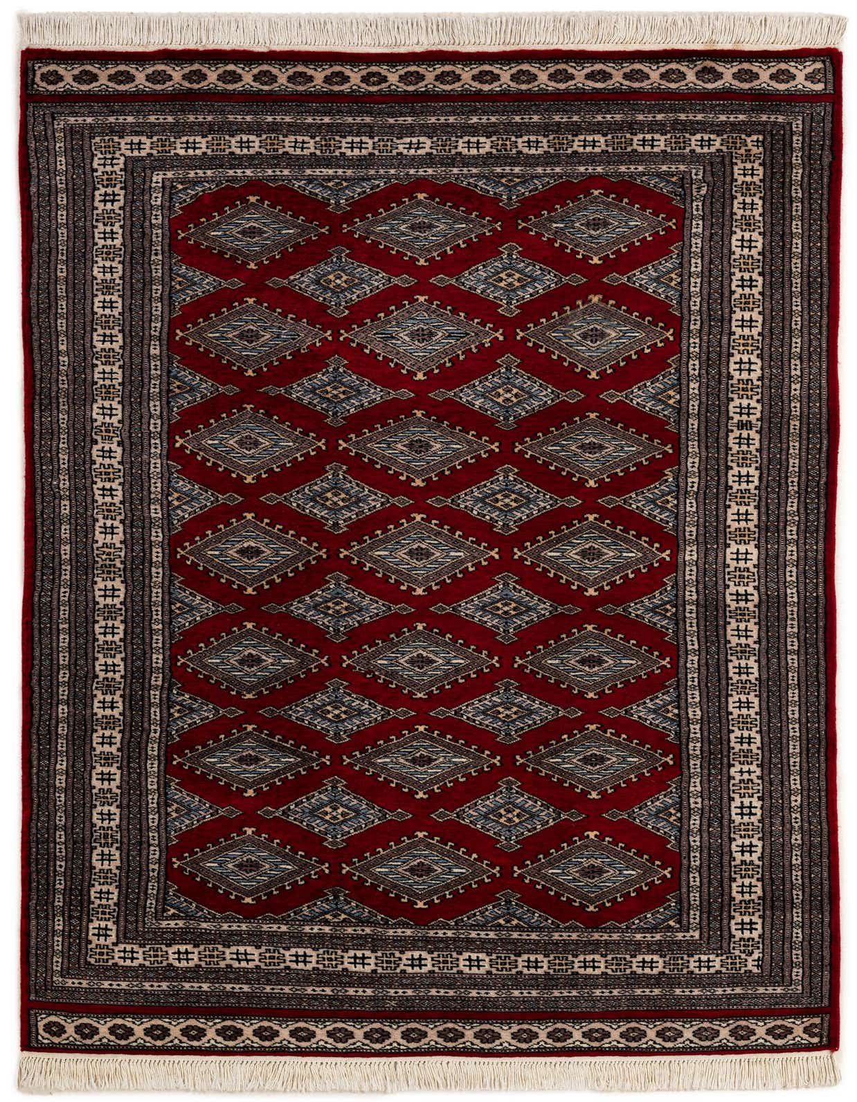 A 4x6 rectangular Bokhara rug with a deep red field and repeating diamond patterns in blue, beige, and brown, framed by a detailed border.