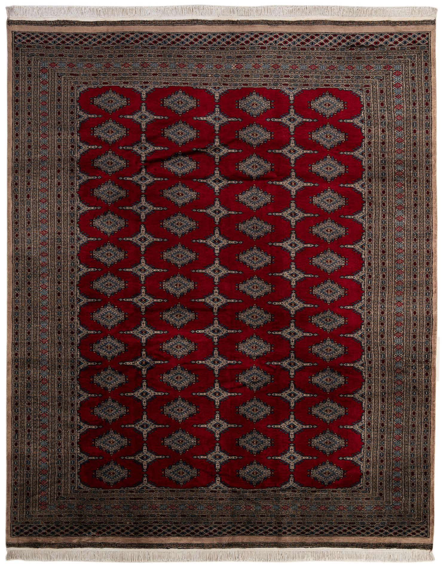 A rectangular 8x11 Bokhara rug featuring a deep red field with repeating tribal motifs and a detailed border.