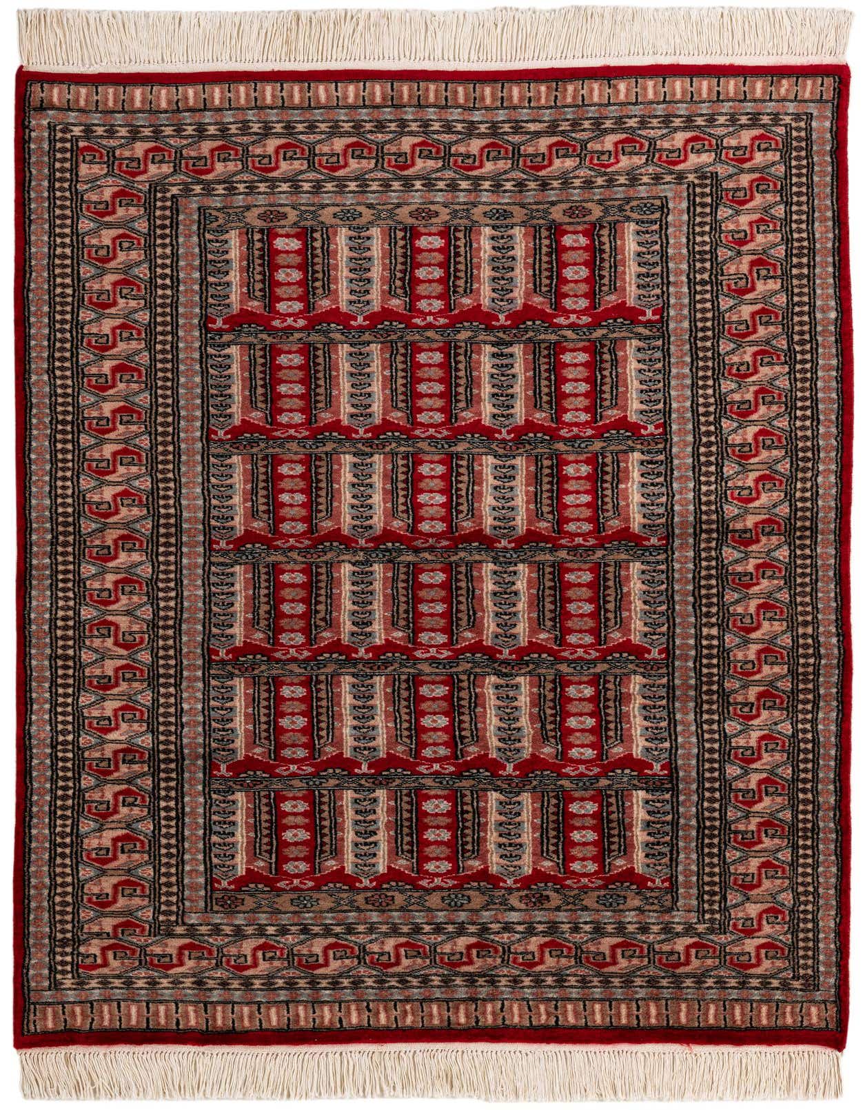 A 4x6 rectangular red Bokhara rug with intricate tribal and traditional patterns, featuring a central design of vertical stripes and floral motifs, bordered by geometric shapes.