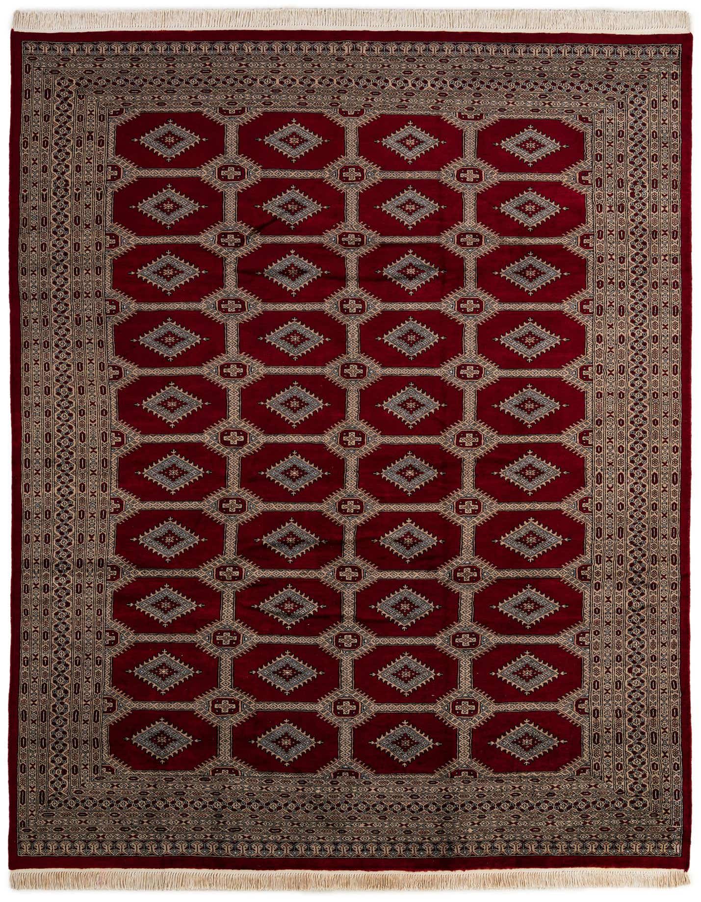 A rectangular 8x11 red tribal Bokhara wool rug with an intricate geometric pattern and fringed ends.