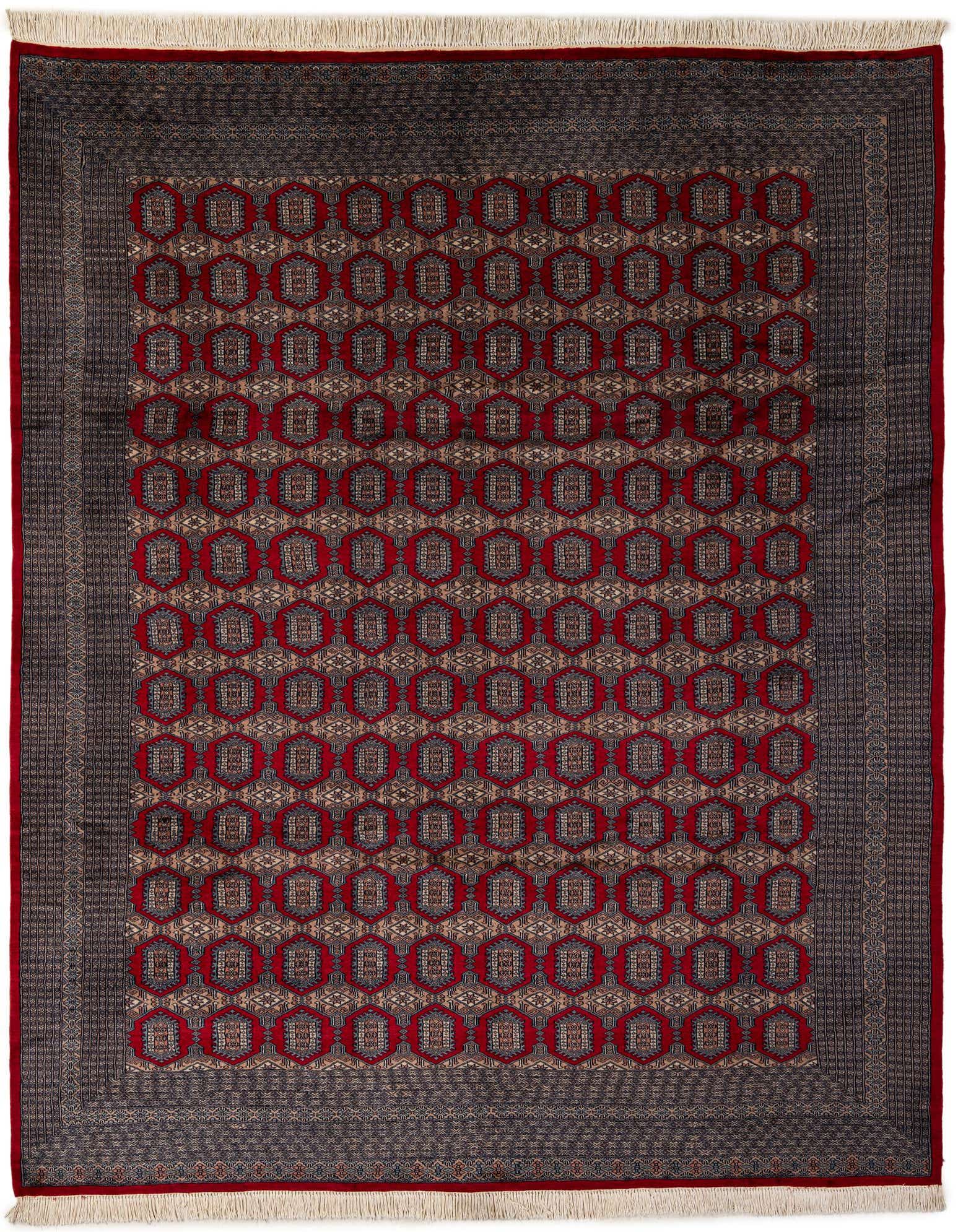 A rectangular 8x10 Bokhara rug featuring a traditional tribal pattern in deep reds and dark blue-gray with fringe.