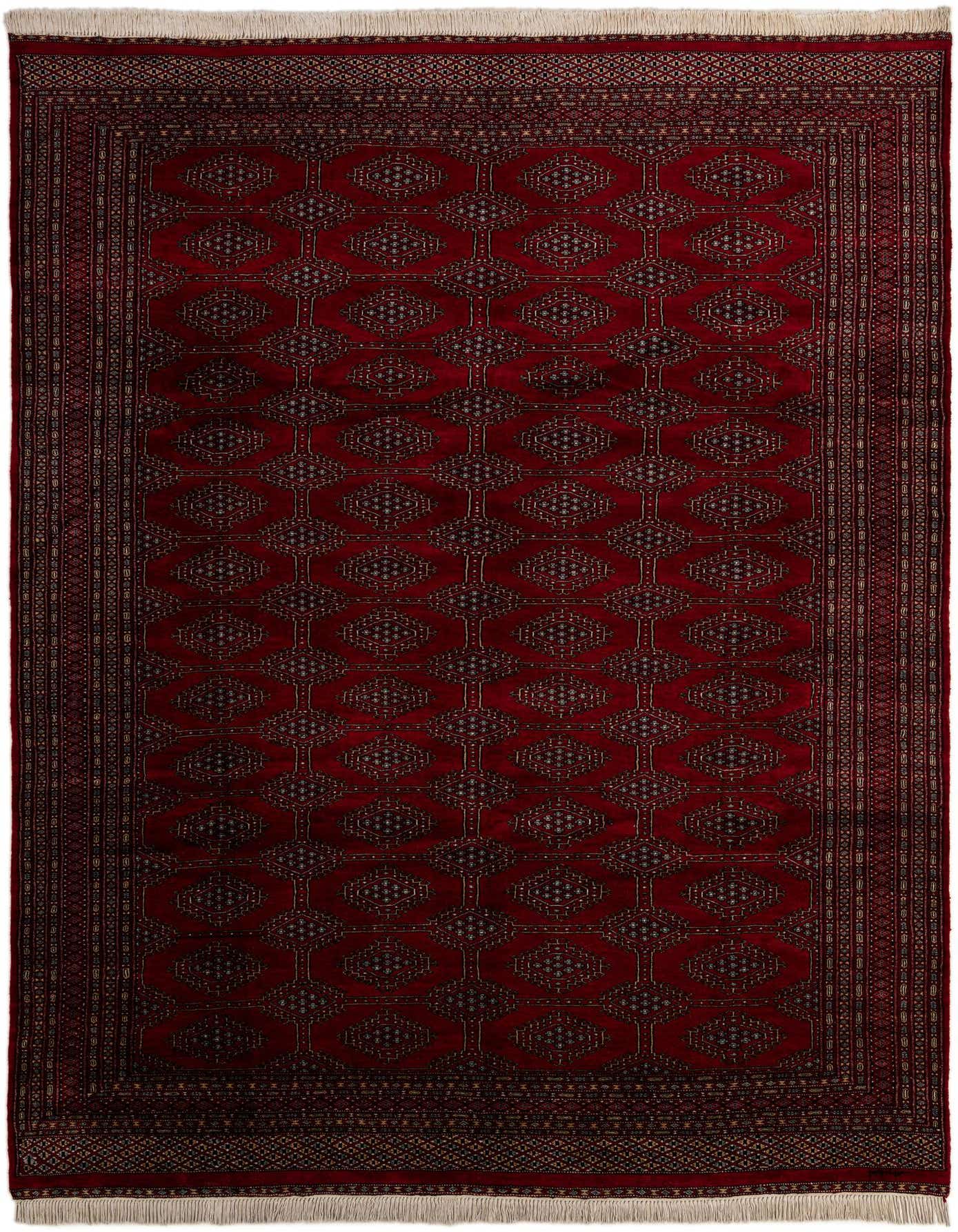 A rectangular 8x10 Bokhara rug in deep red with a repeating tribal diamond pattern and intricate borders, suitable for a living room.