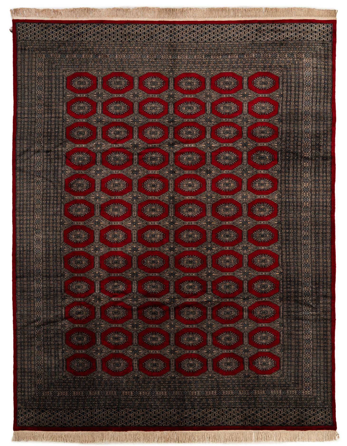 A rectangular 8x11 red tribal Bokhara wool rug with a repeating octagonal pattern and intricate border.