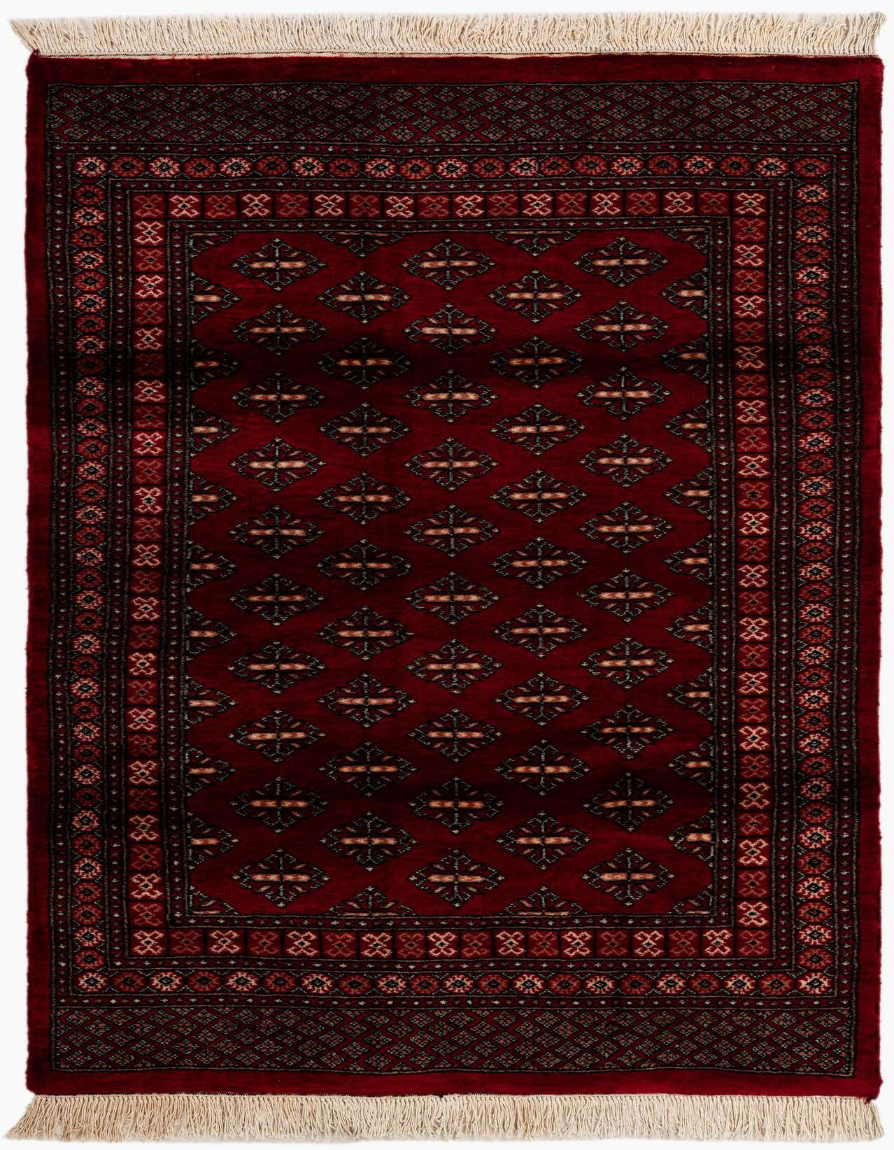 A 4x6 rectangular red Bokhara rug with a traditional tribal pattern and decorative borders, featuring cream fringes.