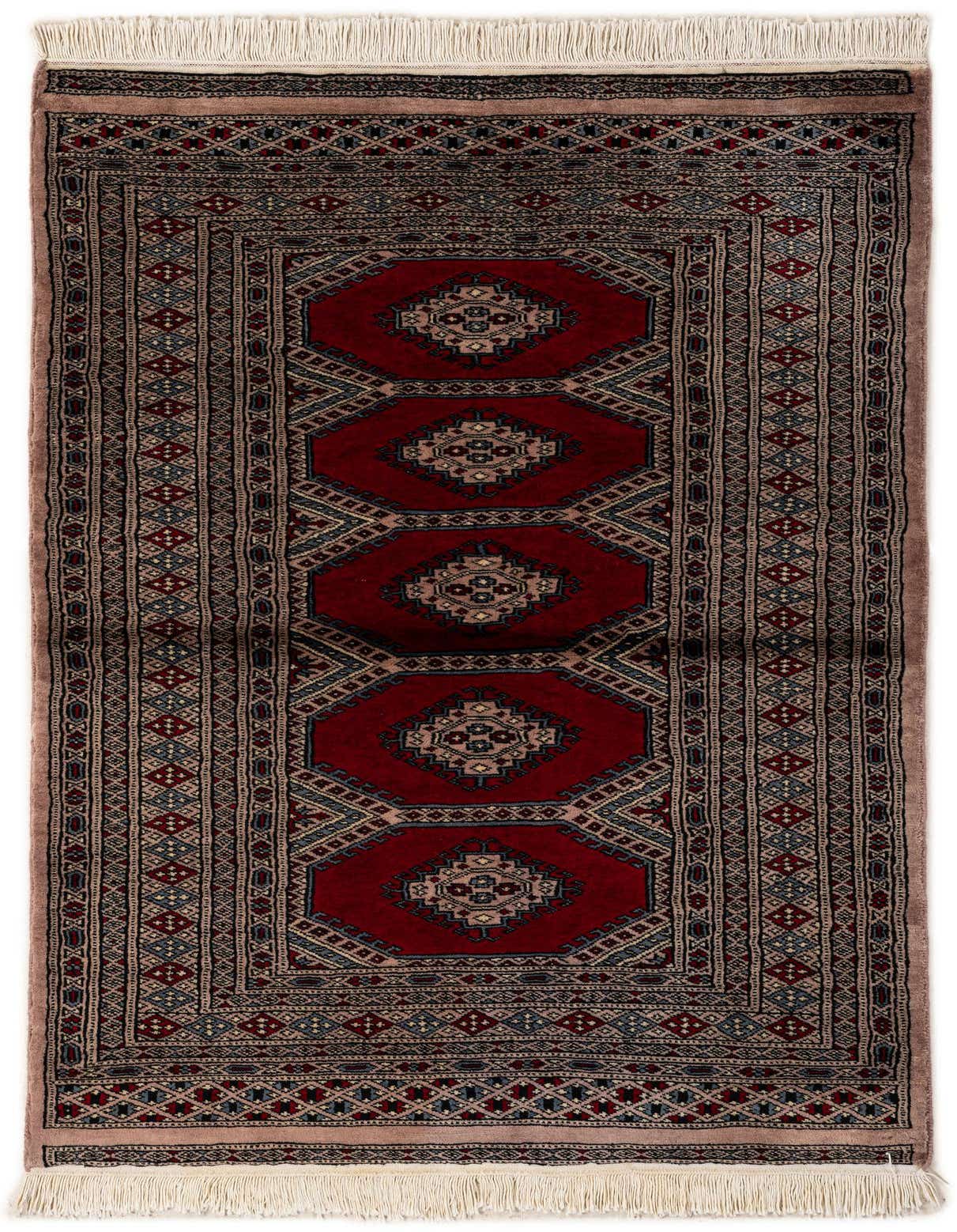 A 3x5 rectangular Bokhara rug with a deep red field, intricate tribal patterns, and ivory fringe.