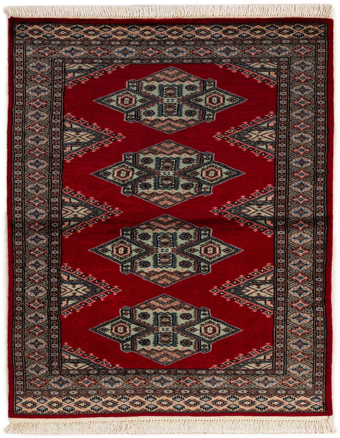 A 3x5 rectangular red tribal rug with a traditional Oriental pattern, featuring intricate geometric motifs and a detailed border.