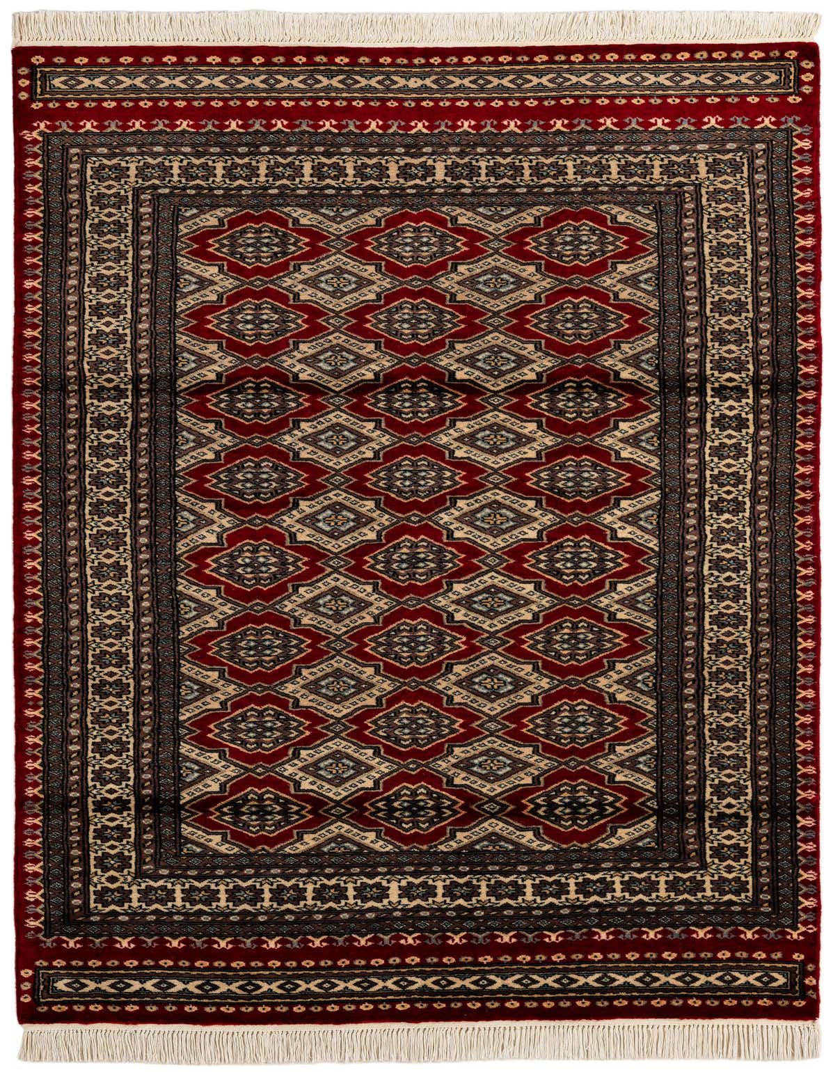 A 4x6 rectangular Bokhara rug with a deep red field and intricate tribal patterns in black, beige, and blue, featuring a detailed border.