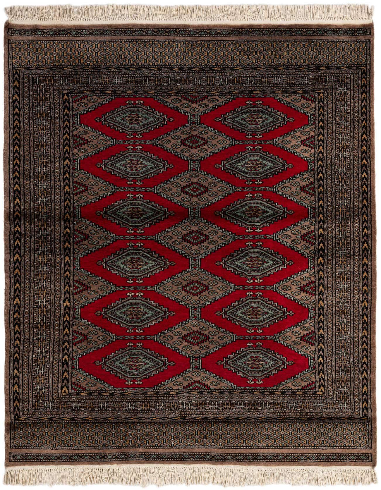 A 4x6 rectangular Bokhara rug featuring a traditional tribal pattern with red diamond motifs and intricate brown borders, suitable for an indoor living space.