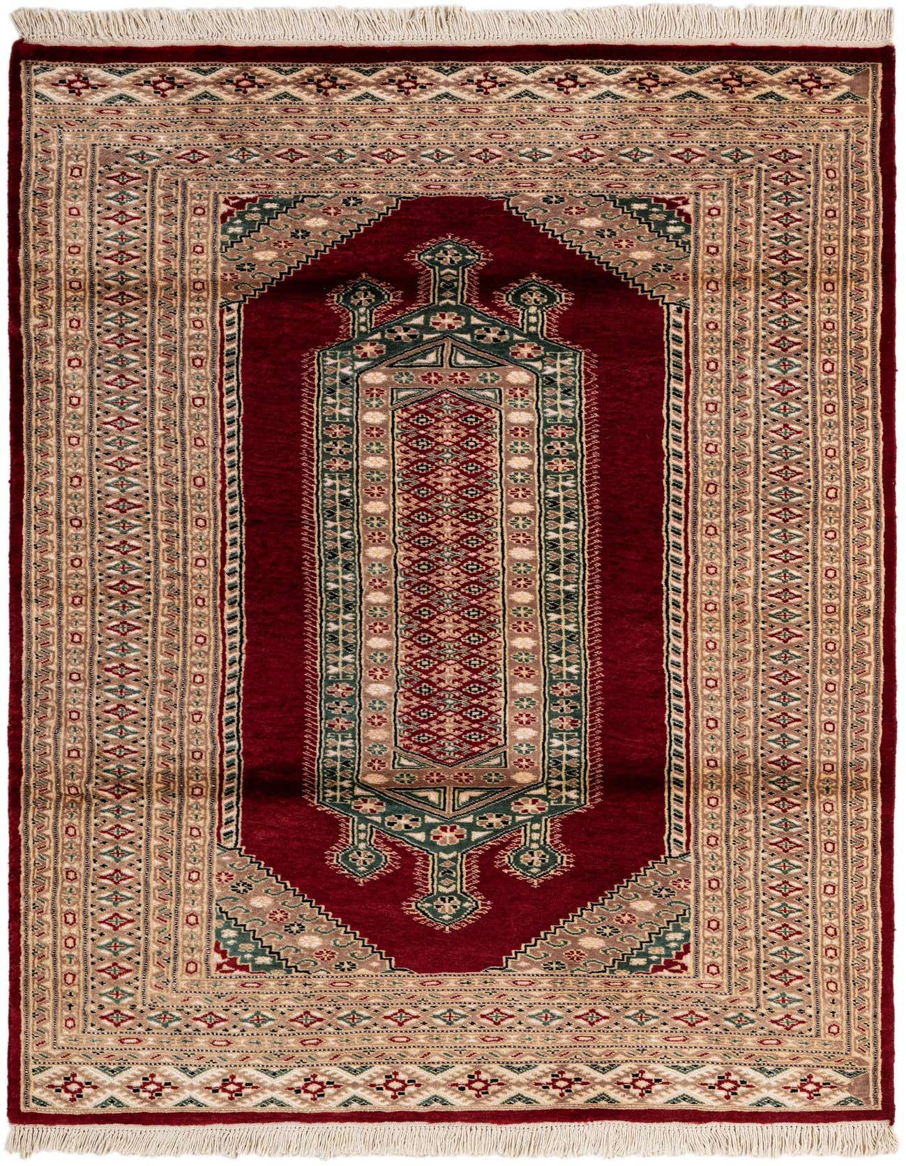 A 4x6 rectangular Bokhara rug with a deep red field and intricate tribal patterns in beige, green, and brown.
