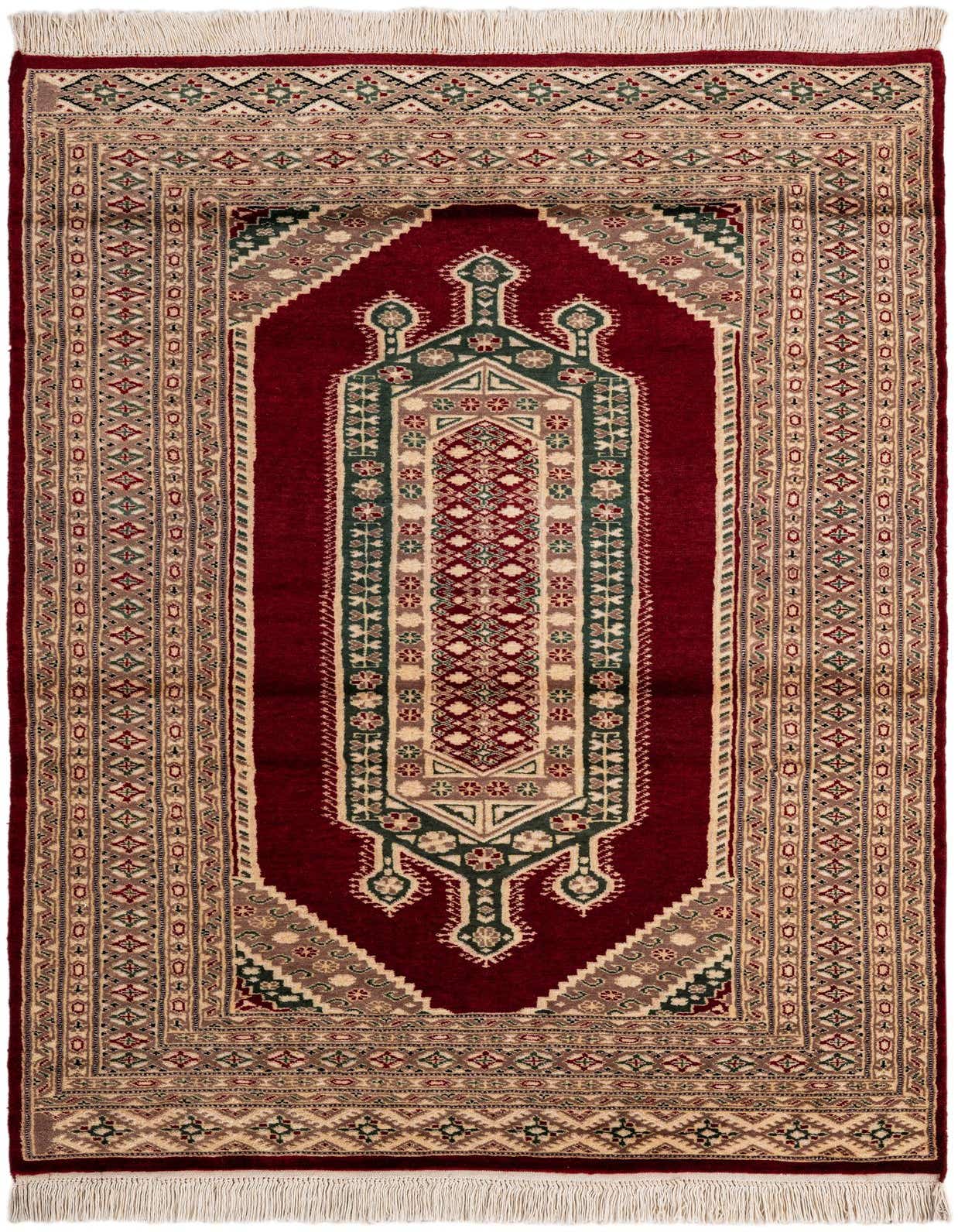 A 4x6 rectangular Bokhara rug with a deep red field, featuring a central green and beige medallion and intricate tribal patterns, perfect for a living room.