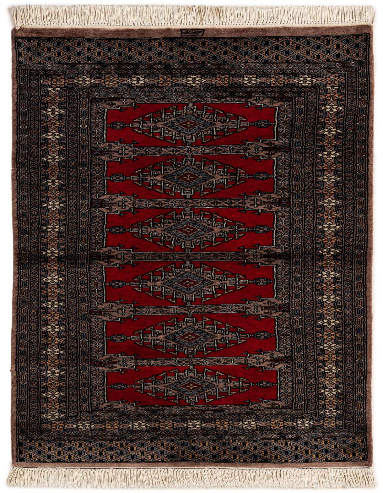 A 3x5 rectangular Bokhara rug with a deep red field and intricate tribal patterns in dark brown, black, and gold, featuring white fringe.