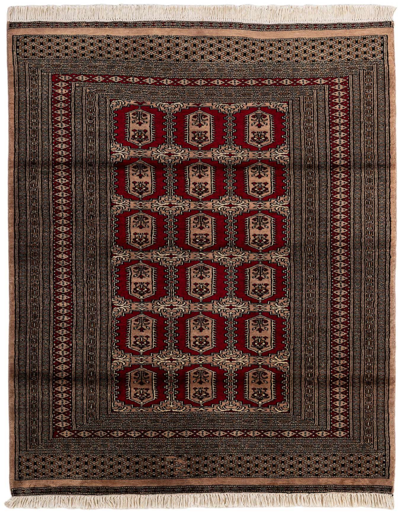 A 4x6 rectangular Bokhara wool rug featuring a traditional tribal pattern in deep reds, black, and beige, with fringe.