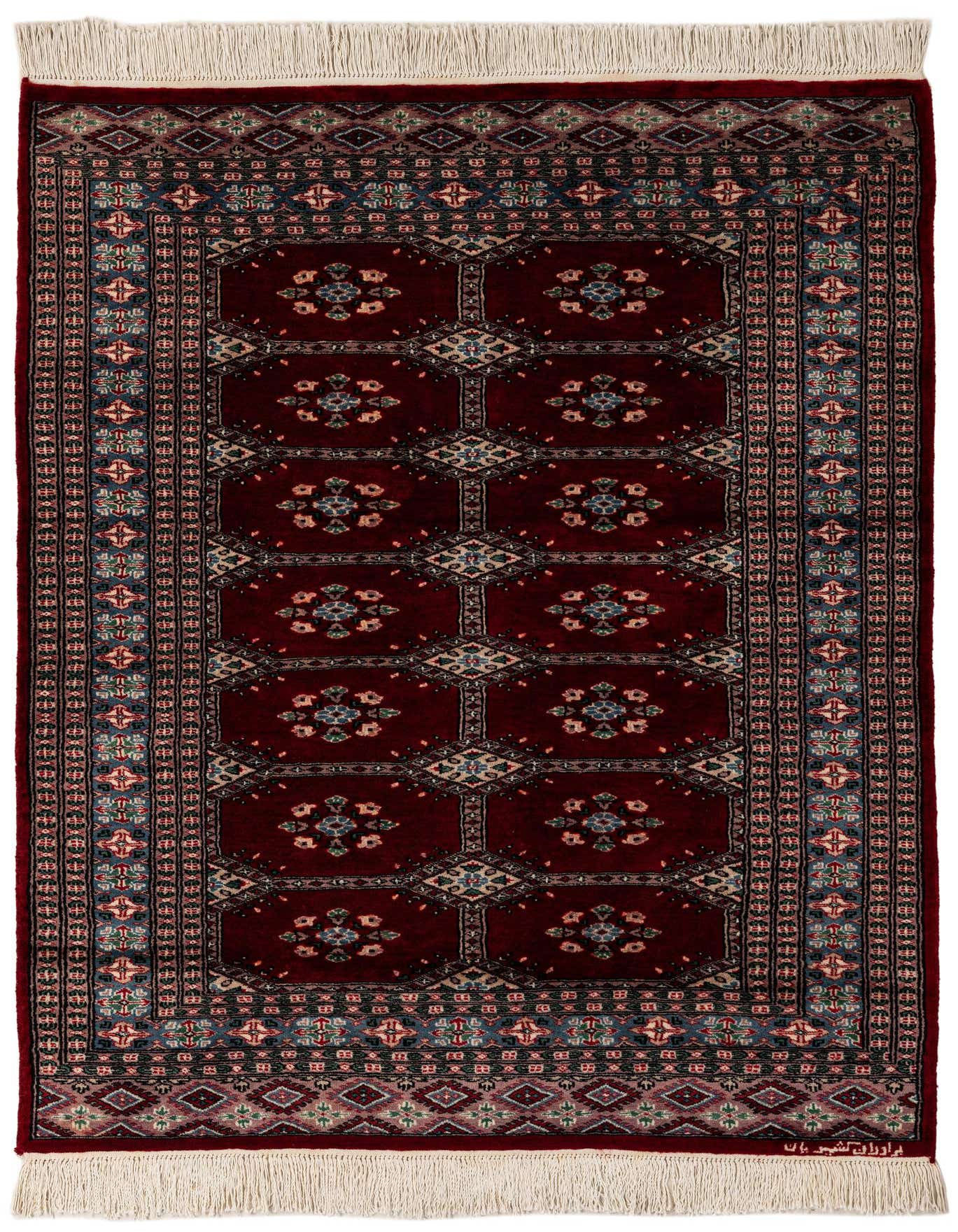 A 4x6 rectangular red tribal rug with intricate floral medallions and a detailed border, handmade from wool.