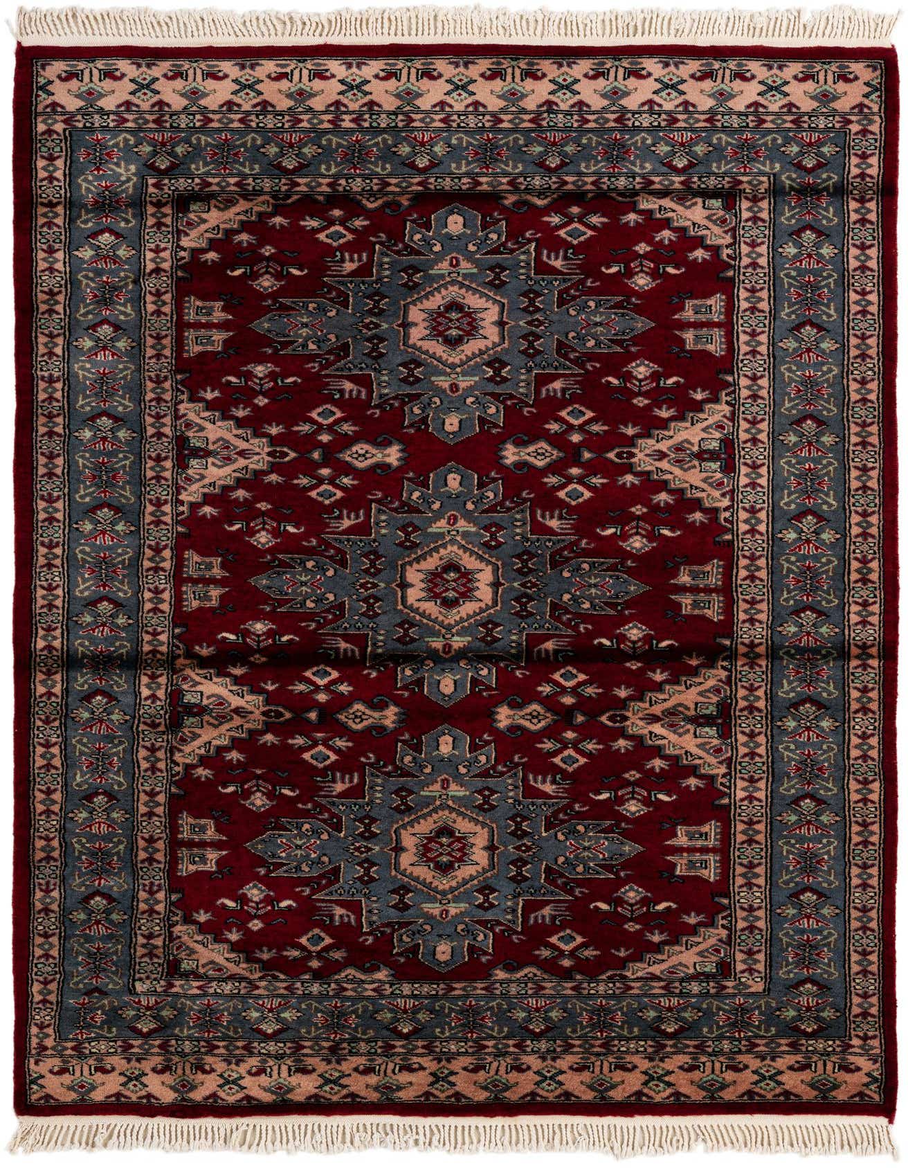 A 4x6 rectangular Bokhara rug featuring a rich red field with a central medallion and tribal patterns in blue, beige, and black, with a decorative border and fringe.