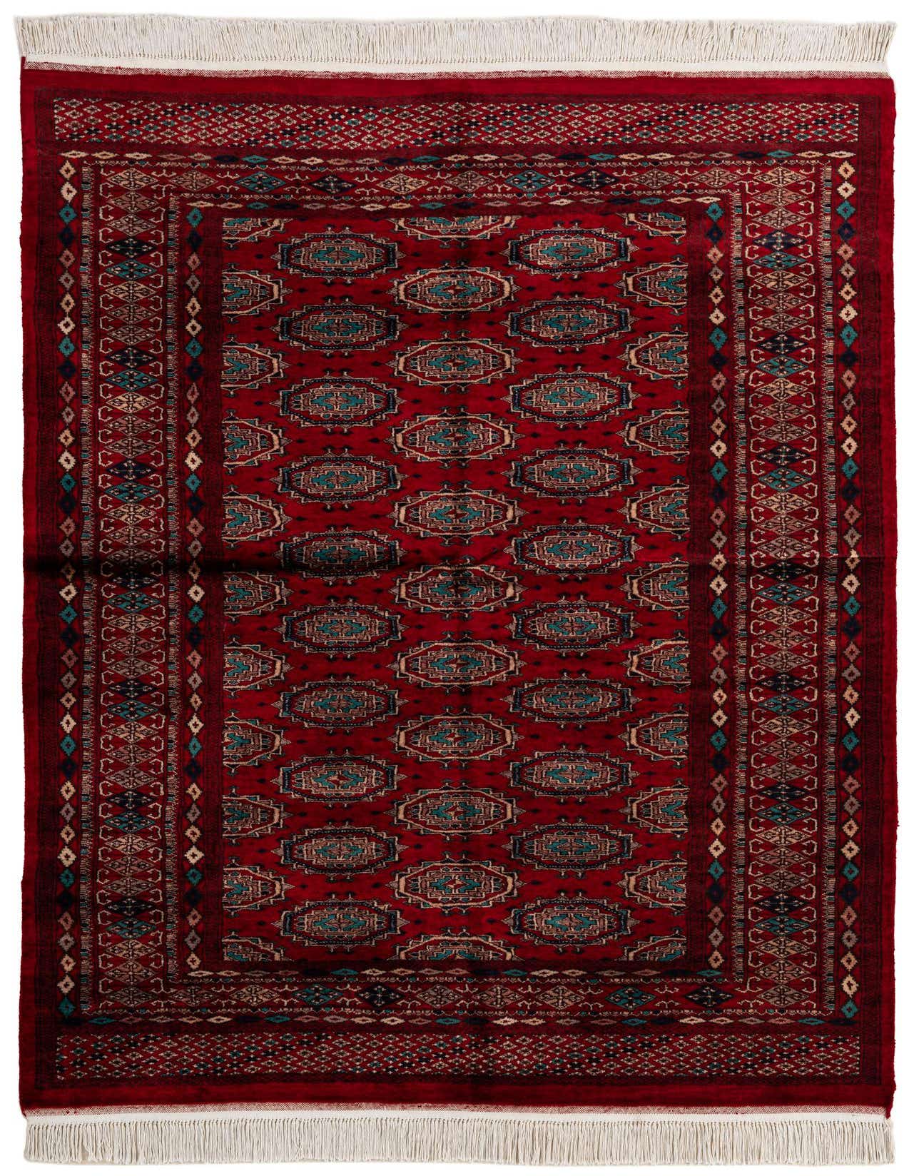 A 4x6 rectangular red Bokhara tribal rug with intricate teal, black, and beige traditional patterns and white fringe.