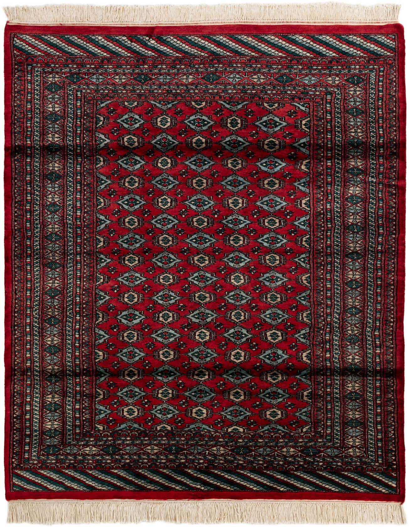 A 4x6 rectangular Bokhara rug with a deep red field and intricate tribal patterns in blues, greens, and creams, featuring a detailed border and short white fringe.